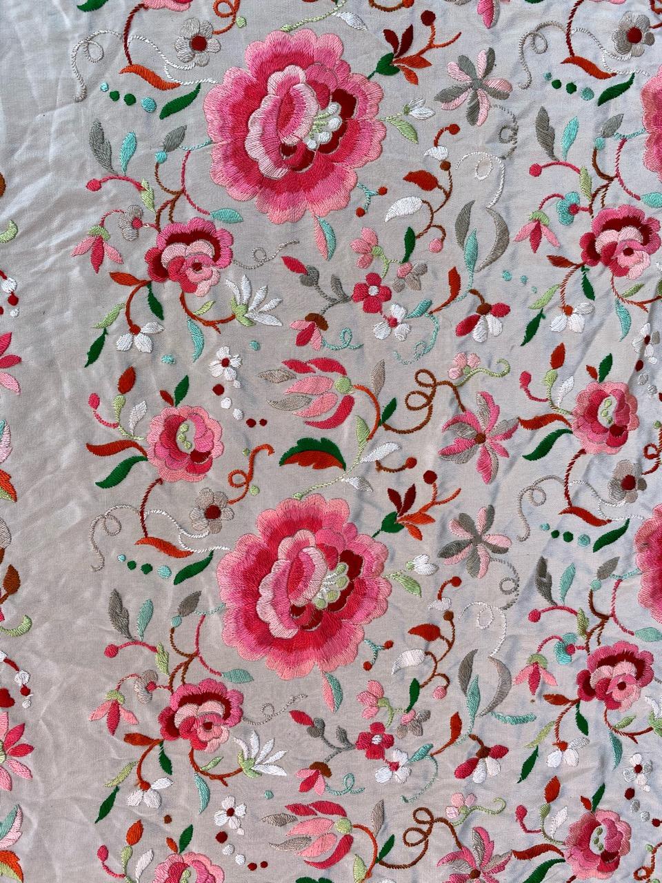 Chinoiserie Bobyrug’s Wonderful Square Silk Manila piano Shawl Embroidered For Sale
