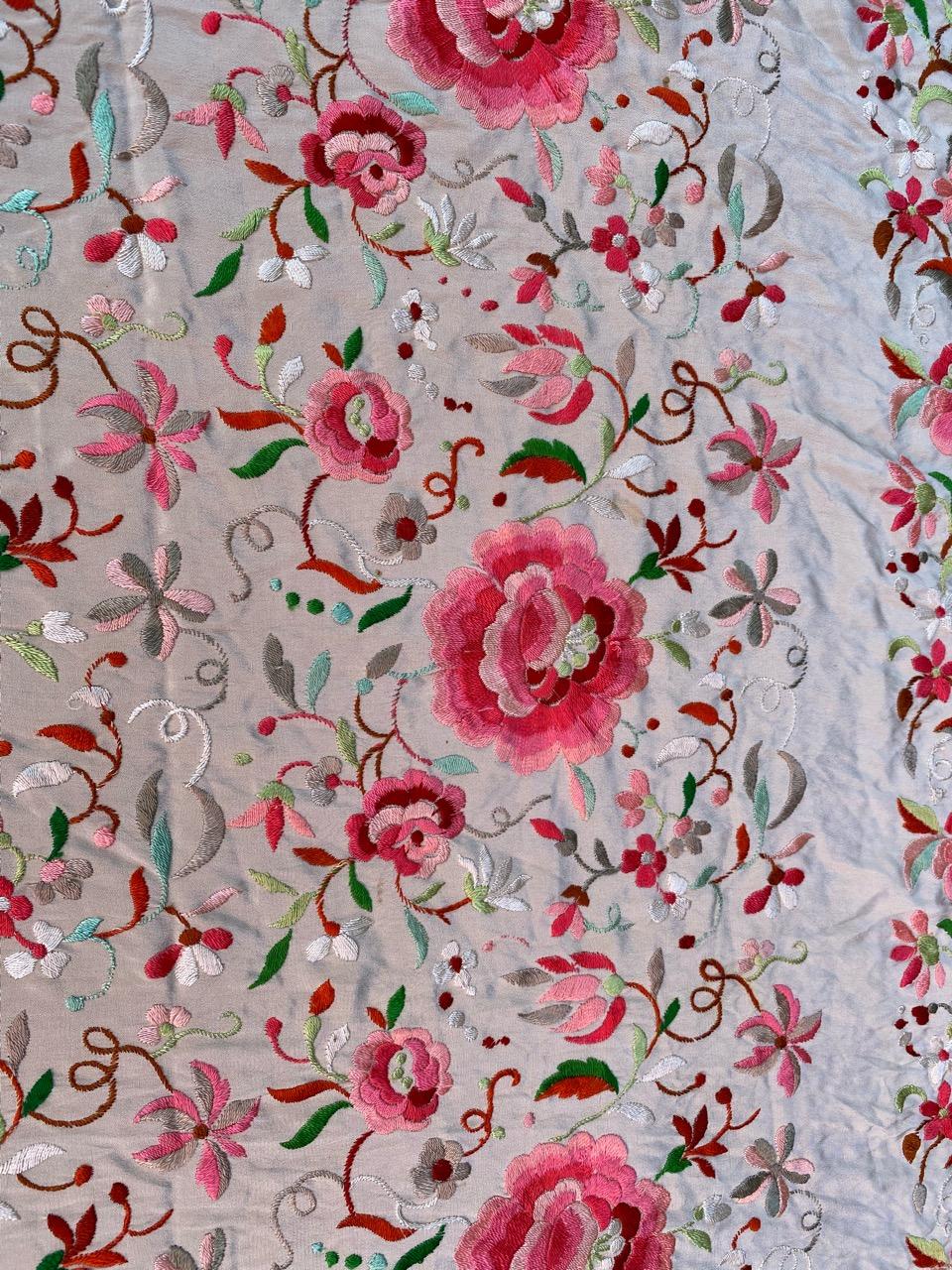 20th Century Wonderful Square Silk Manila Shawl Embroidered