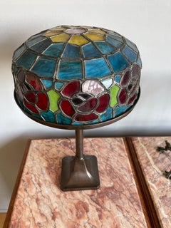 Wonderful Stain Leaded Art Deco Glass Table Lamp Geometric Design & Great Colors