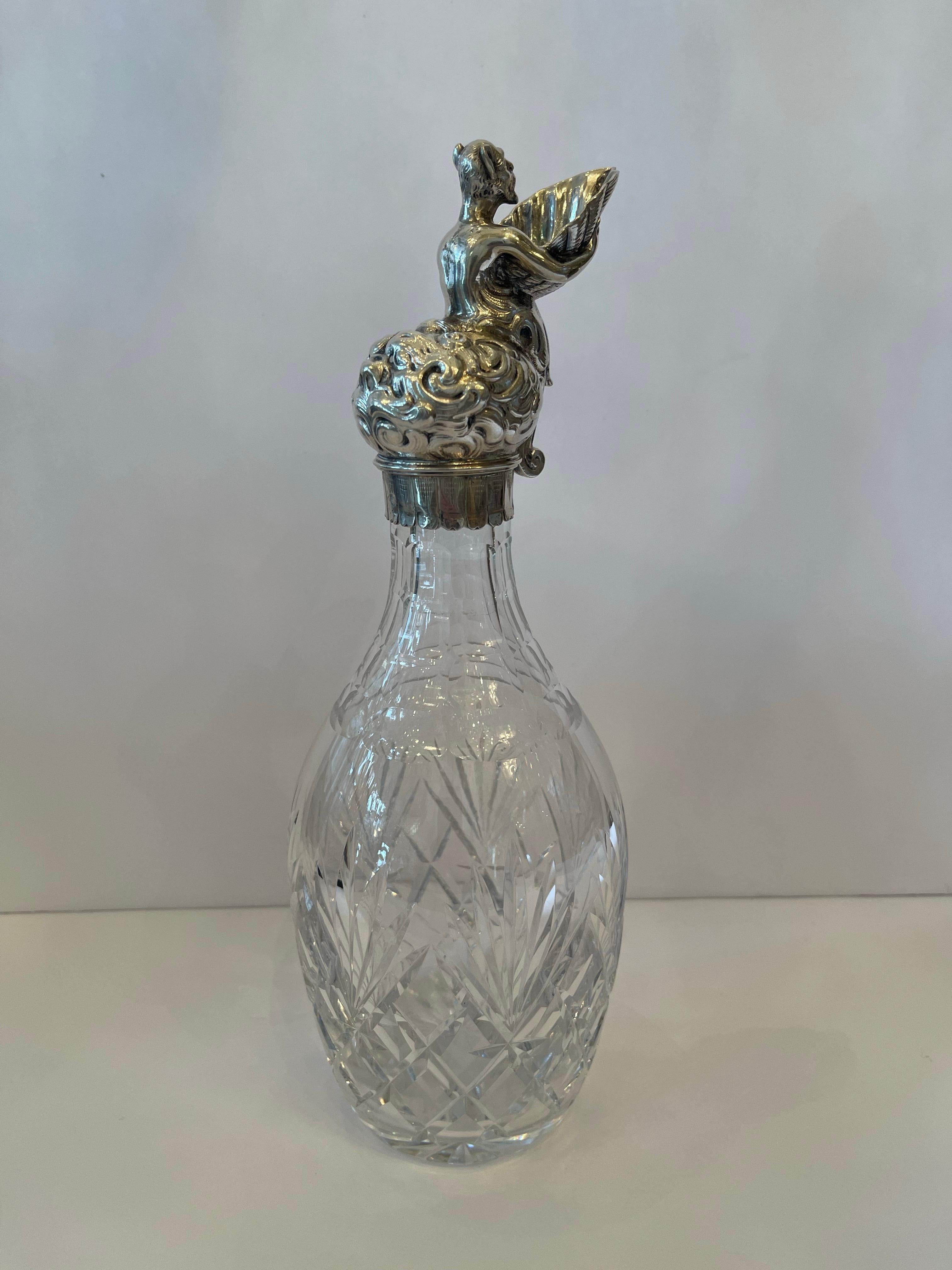 Belle Époque Wonderful Sterling Silver Ewer Figure Holding Shell Spout Cut Crystal Decanter For Sale