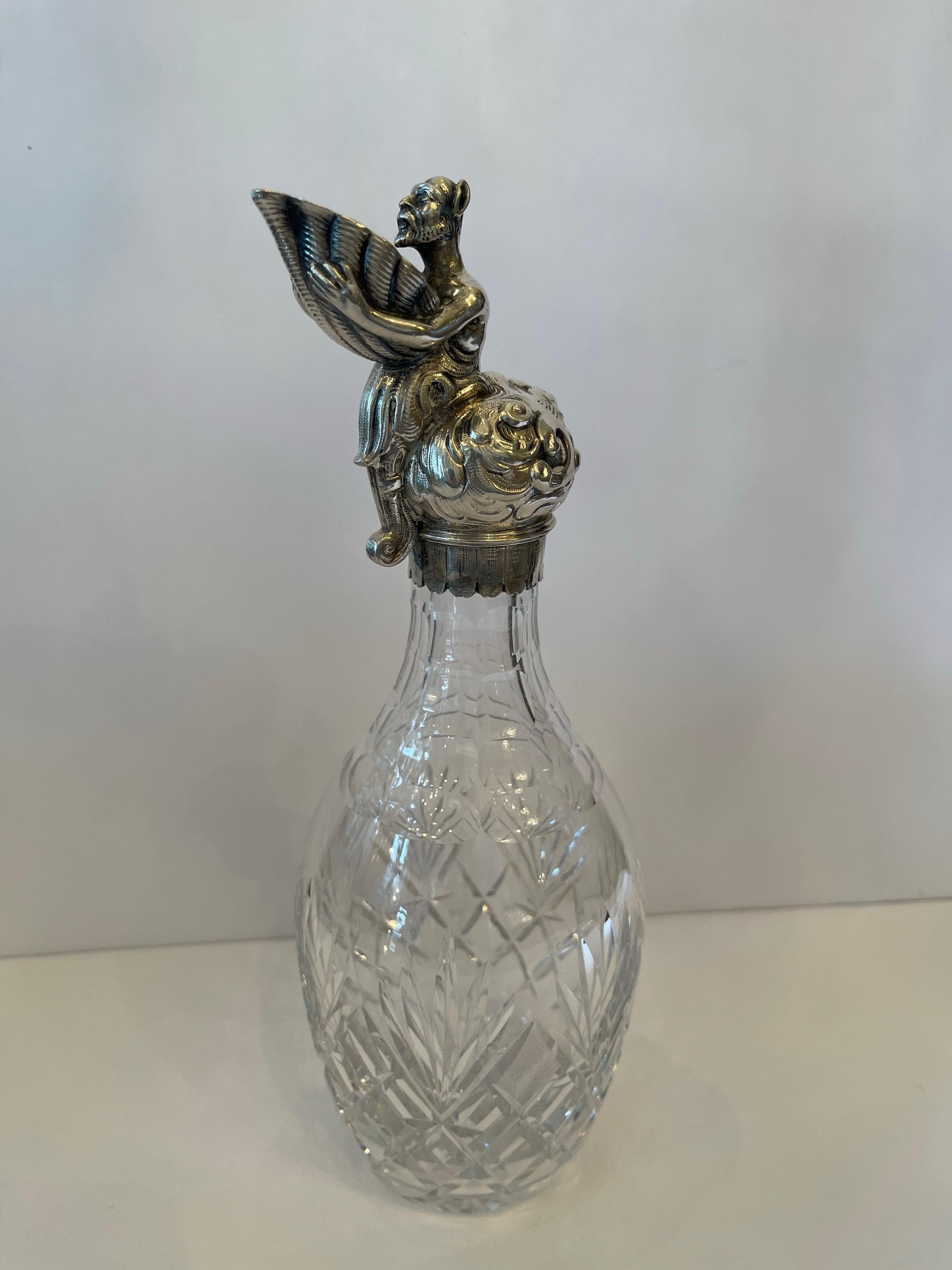 Etched Wonderful Sterling Silver Ewer Figure Holding Shell Spout Cut Crystal Decanter For Sale