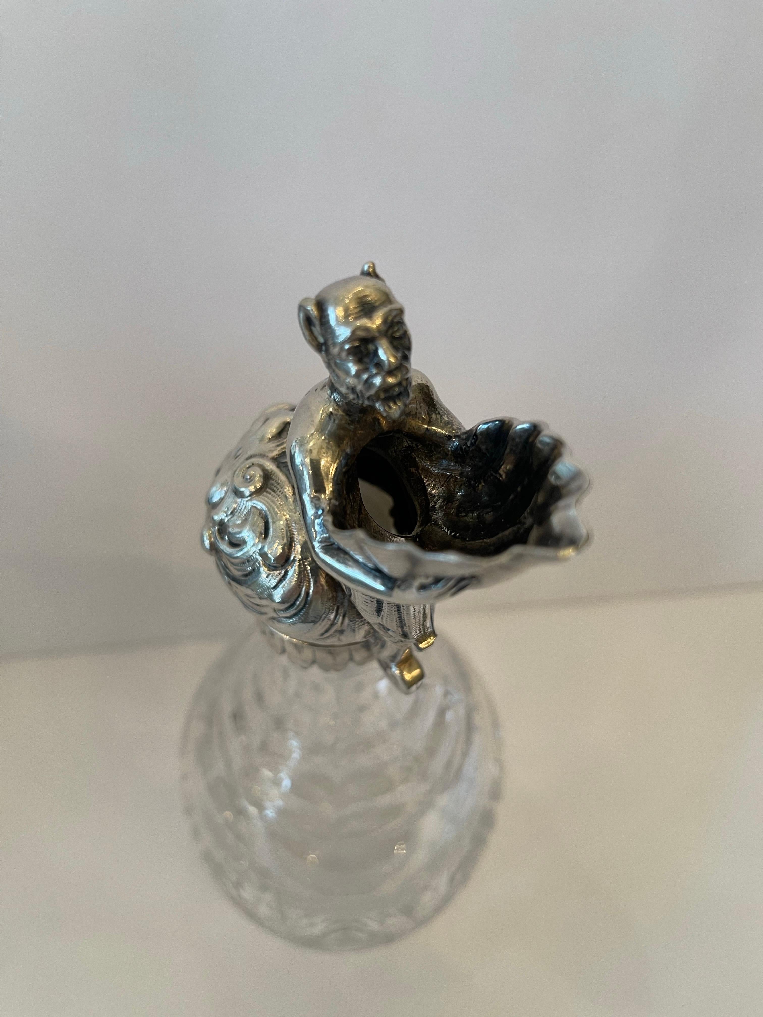 Wonderful Sterling Silver Ewer Figure Holding Shell Spout Cut Crystal Decanter In Good Condition For Sale In Roslyn, NY