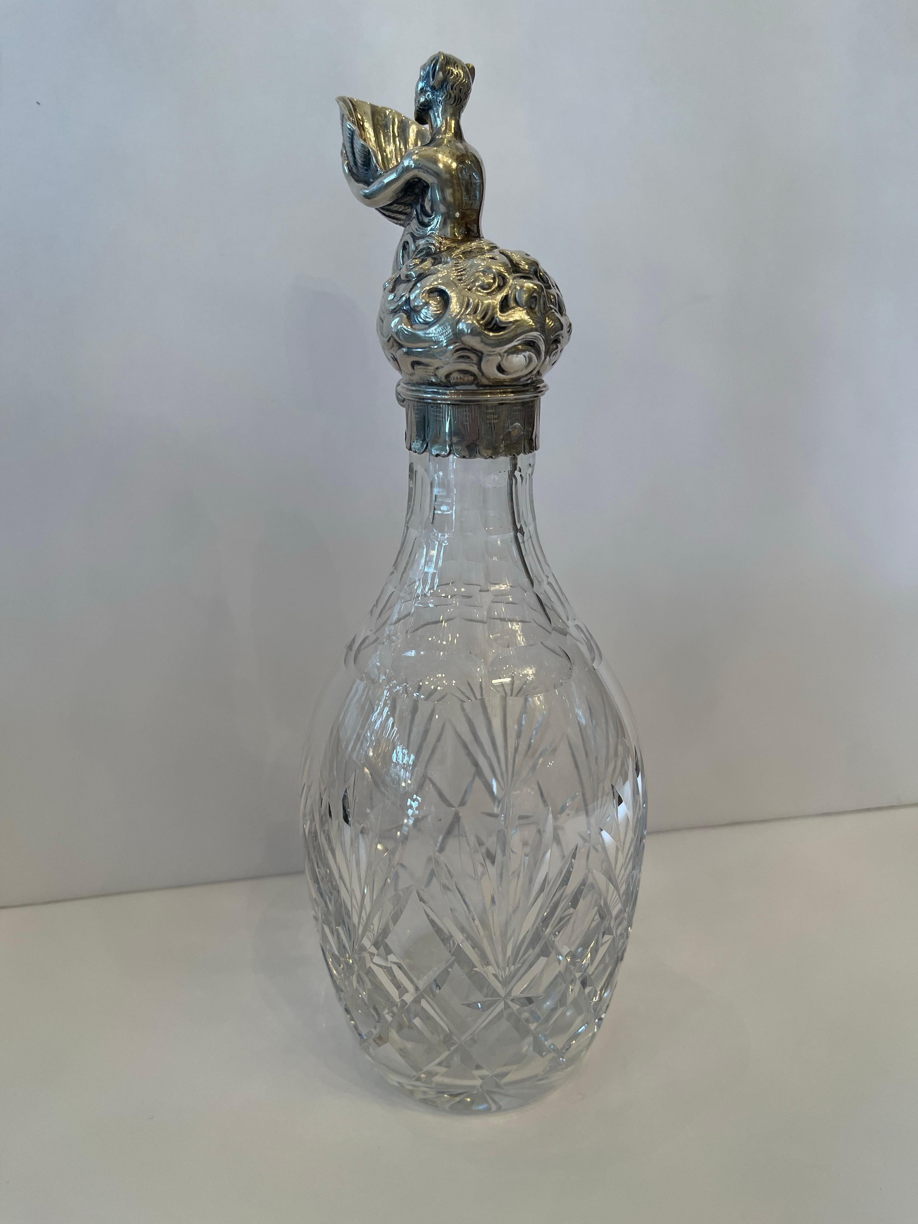 20th Century Wonderful Sterling Silver Ewer Figure Holding Shell Spout Cut Crystal Decanter For Sale