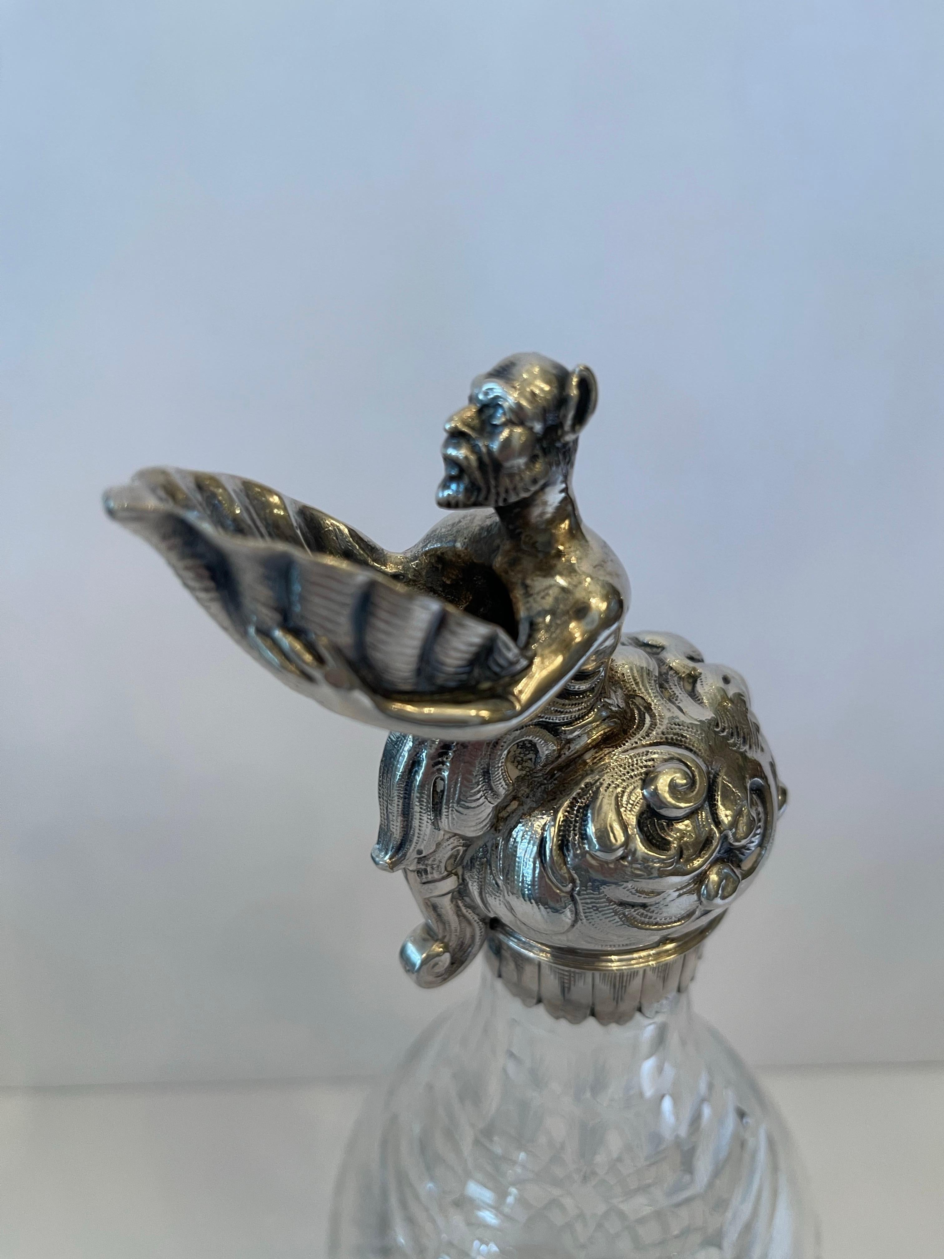 Wonderful Sterling Silver Ewer Figure Holding Shell Spout Cut Crystal Decanter For Sale 1