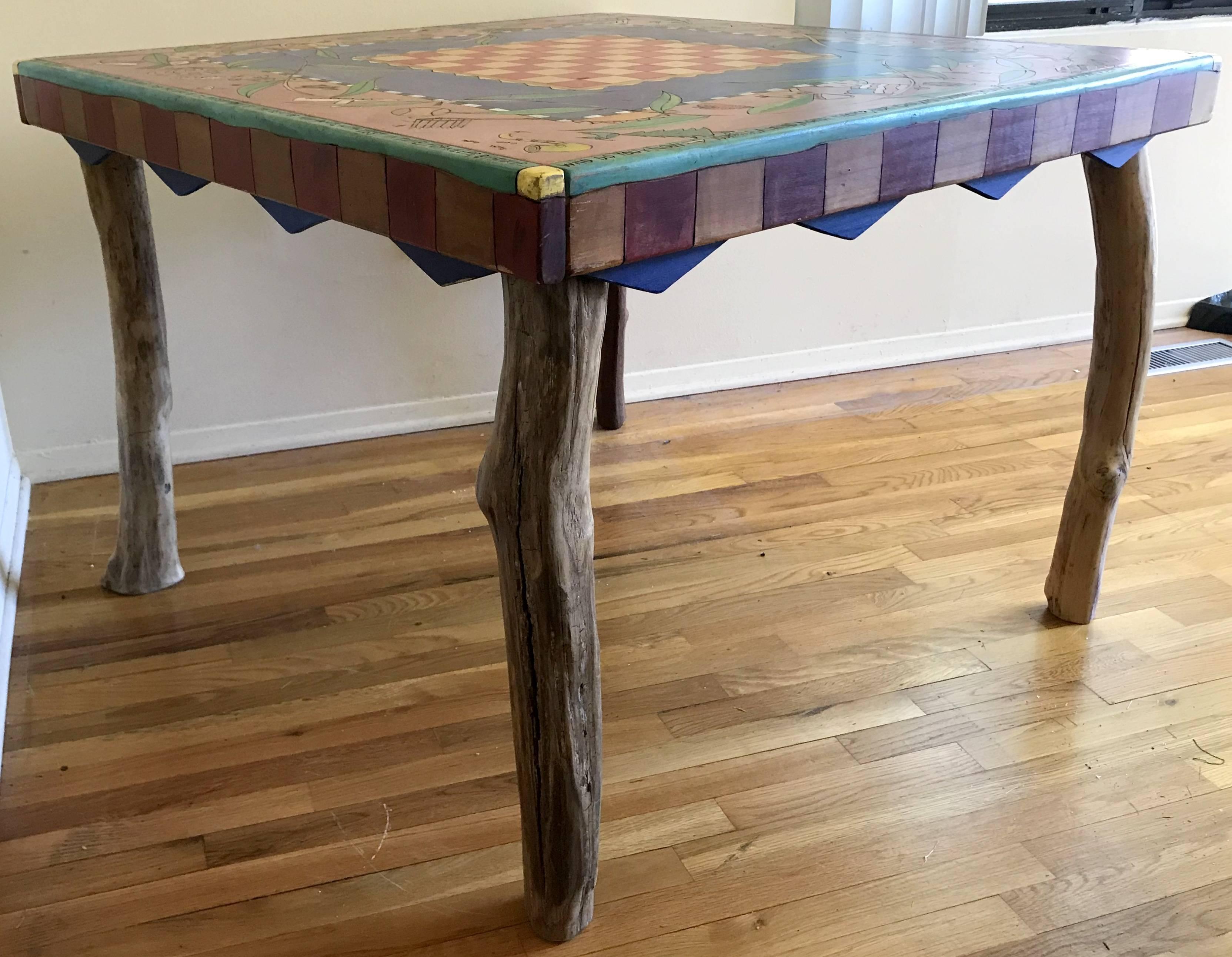 Hand-Crafted Wonderful Sticks Hand-Carved Painted Dining Game Table Set of Four Chairs