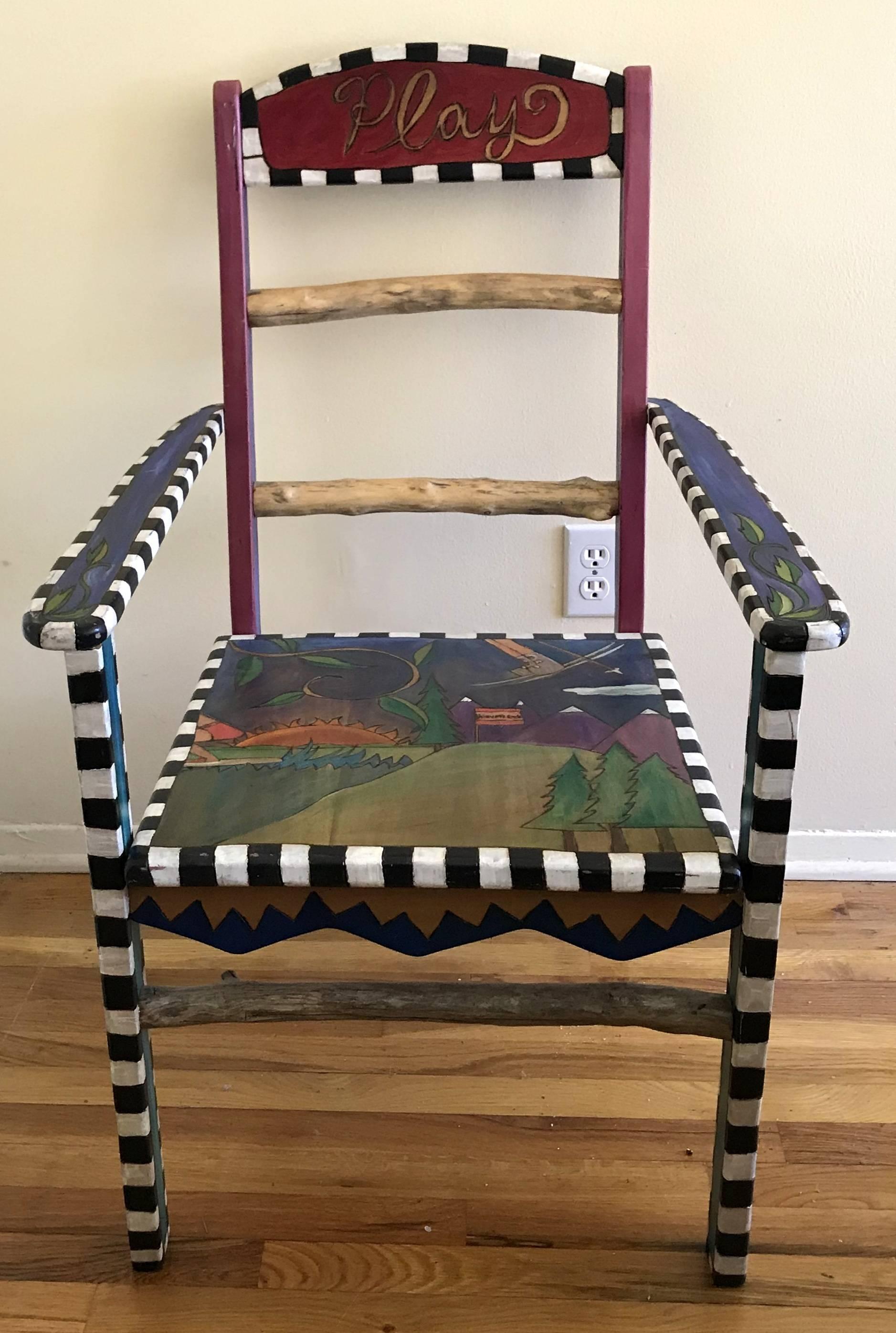 Wonderful Sticks Hand-Carved Painted Dining Game Table Set of Four Chairs   In Good Condition In Roslyn, NY