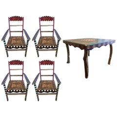 Wonderful Sticks Hand-Carved Painted Dining Game Table Set of Four Chairs  