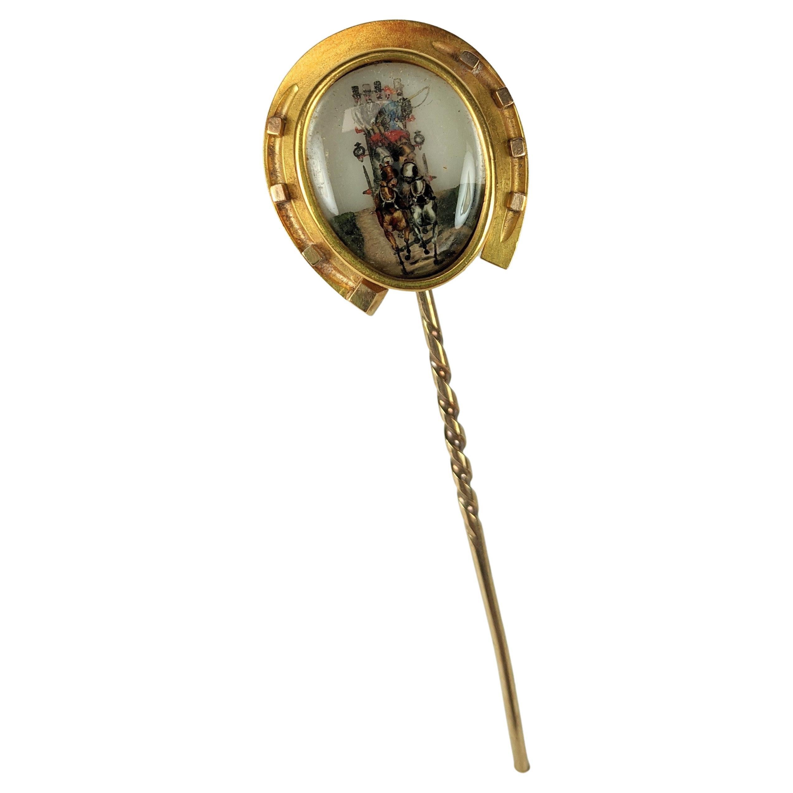 Wonderful and rare Tiffany Reverse Crystal Victorian Stickpin. Substantial size and quality with an incredible oval hand painted Essex crystal of riders galloping on a horse drawn buggy towards the viewer. There are 4 gentlemen and on lady in the