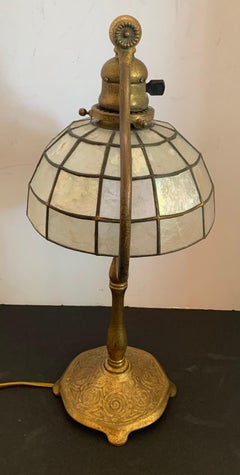 Wonderful Tiffany Studios New York Zodiac Bronze Lamp with Capiz Shell Shade