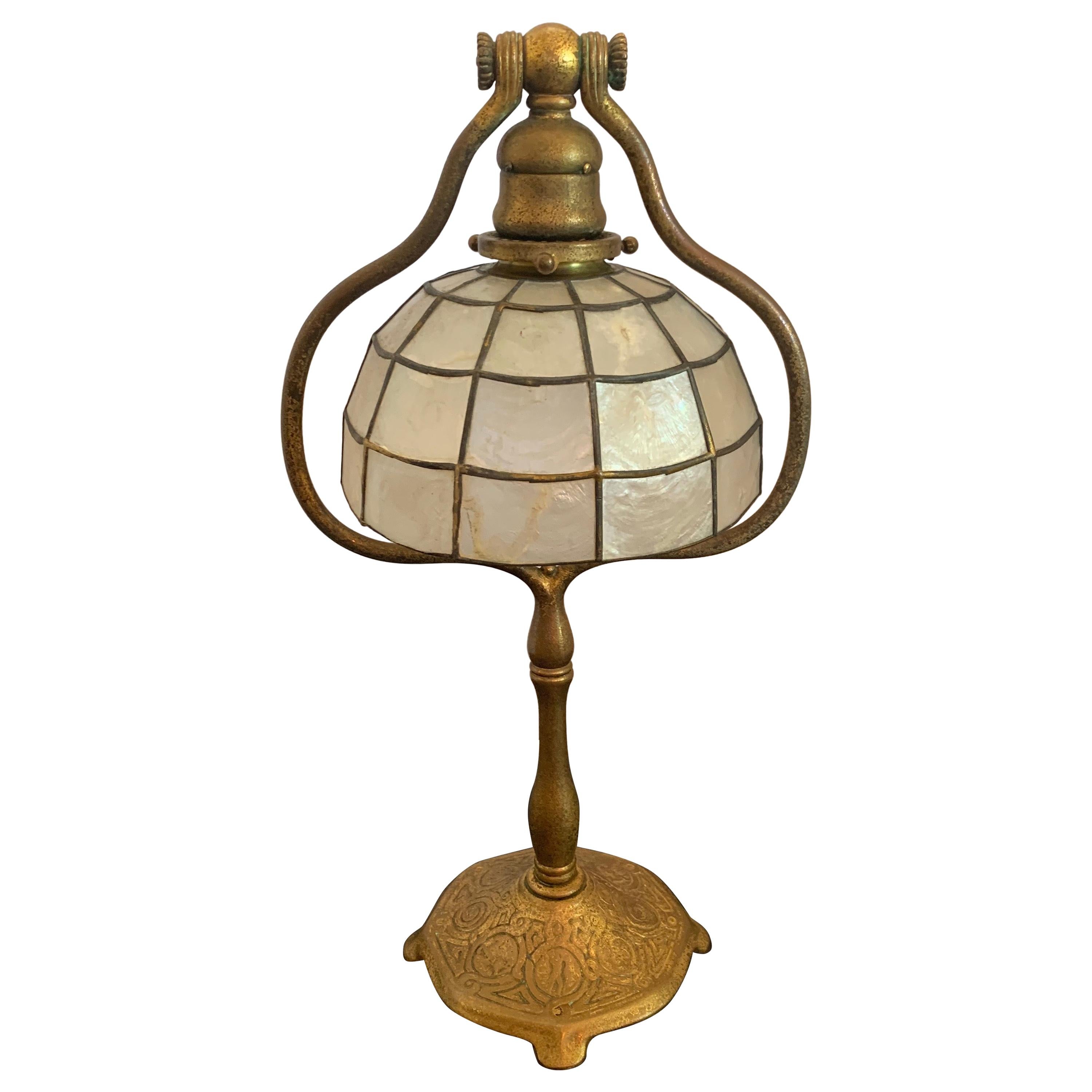 Wonderful Tiffany Studios New York Zodiac Bronze Lamp with Capiz Shell Shade