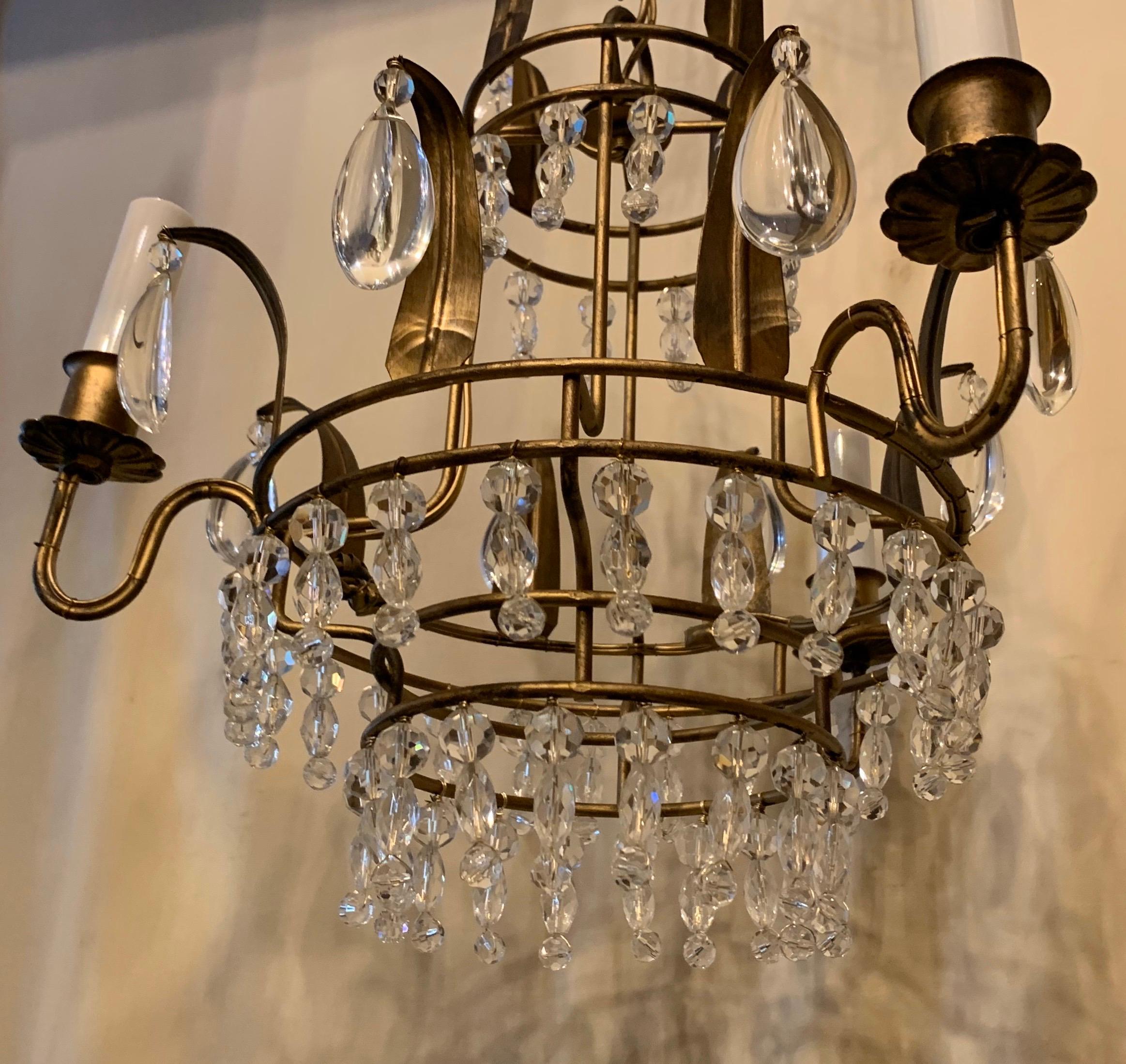 Italian Wonderful Tole Beaded Crystal Bagues 3-Light Petite Chandelier Light Fixture For Sale