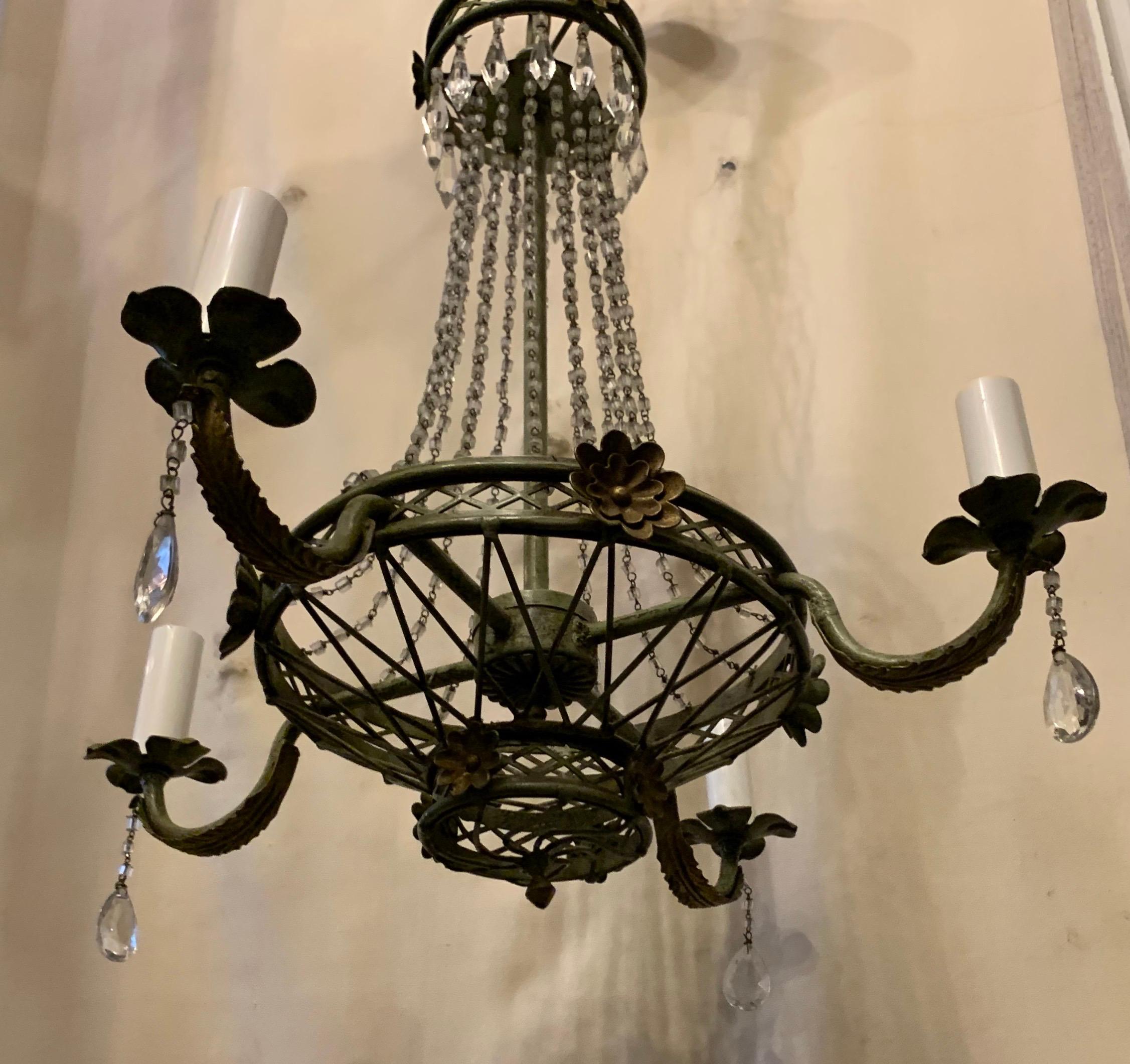 Italian Wonderful Tole Gilt Green Patinated Vintage Beaded Basket Chandeliers Fixtures For Sale