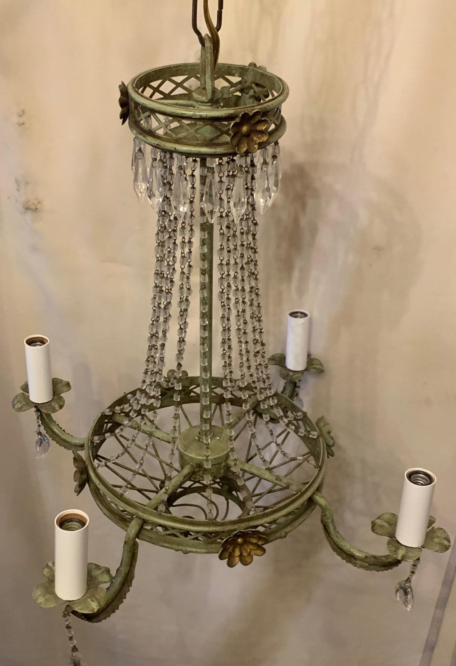 Wonderful Tole Gilt Green Patinated Vintage Beaded Basket Chandeliers Fixtures In Good Condition For Sale In Roslyn, NY