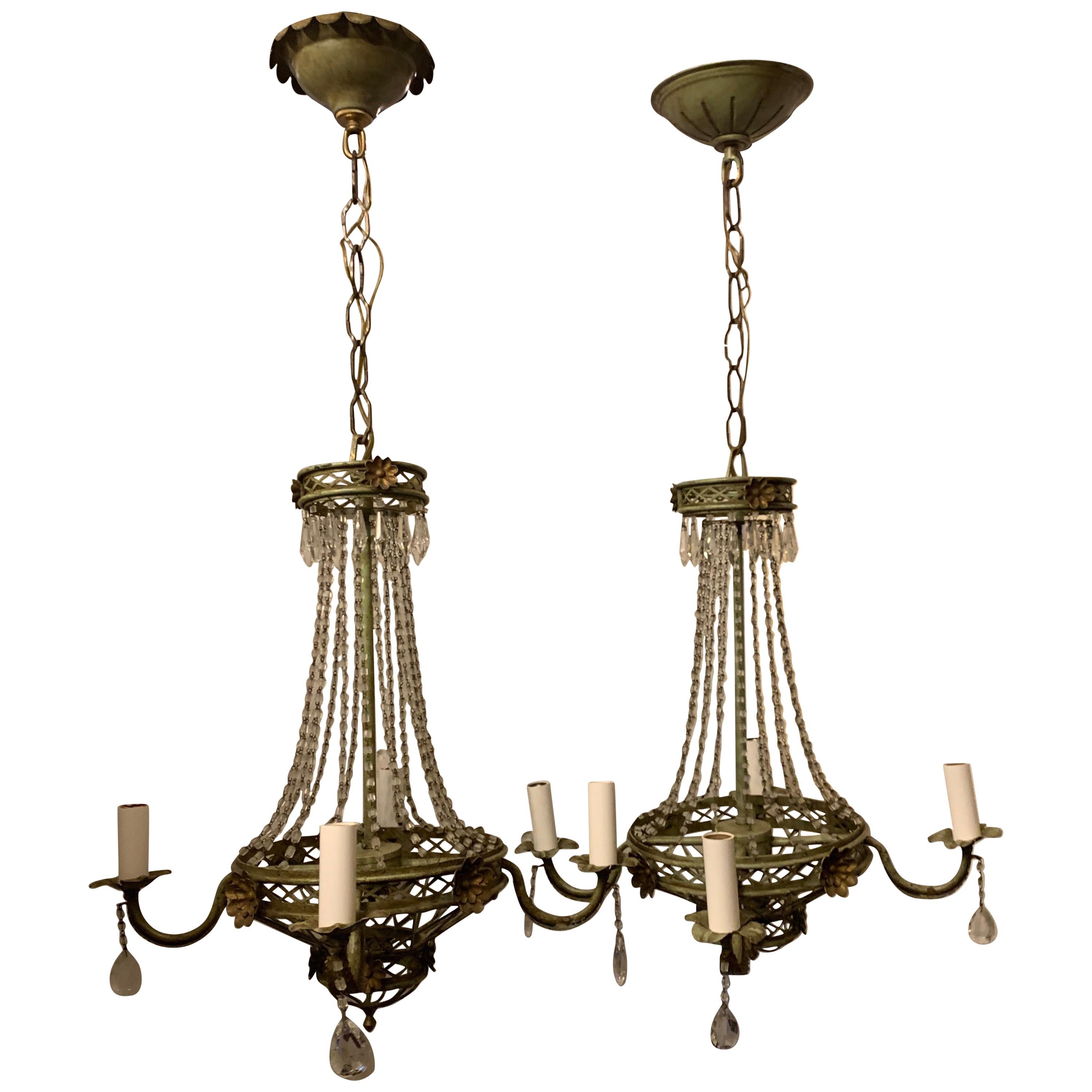 Wonderful Tole Gilt Green Patinated Vintage Beaded Basket Chandeliers Fixtures For Sale