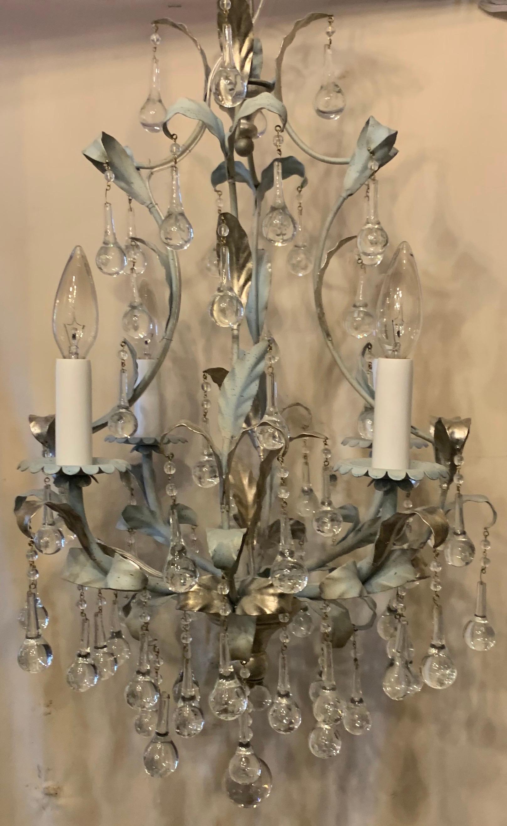Italian Wonderful Tole Hand Painted Blue Silver Leaf Crystal Petite Chandelier Fixture For Sale