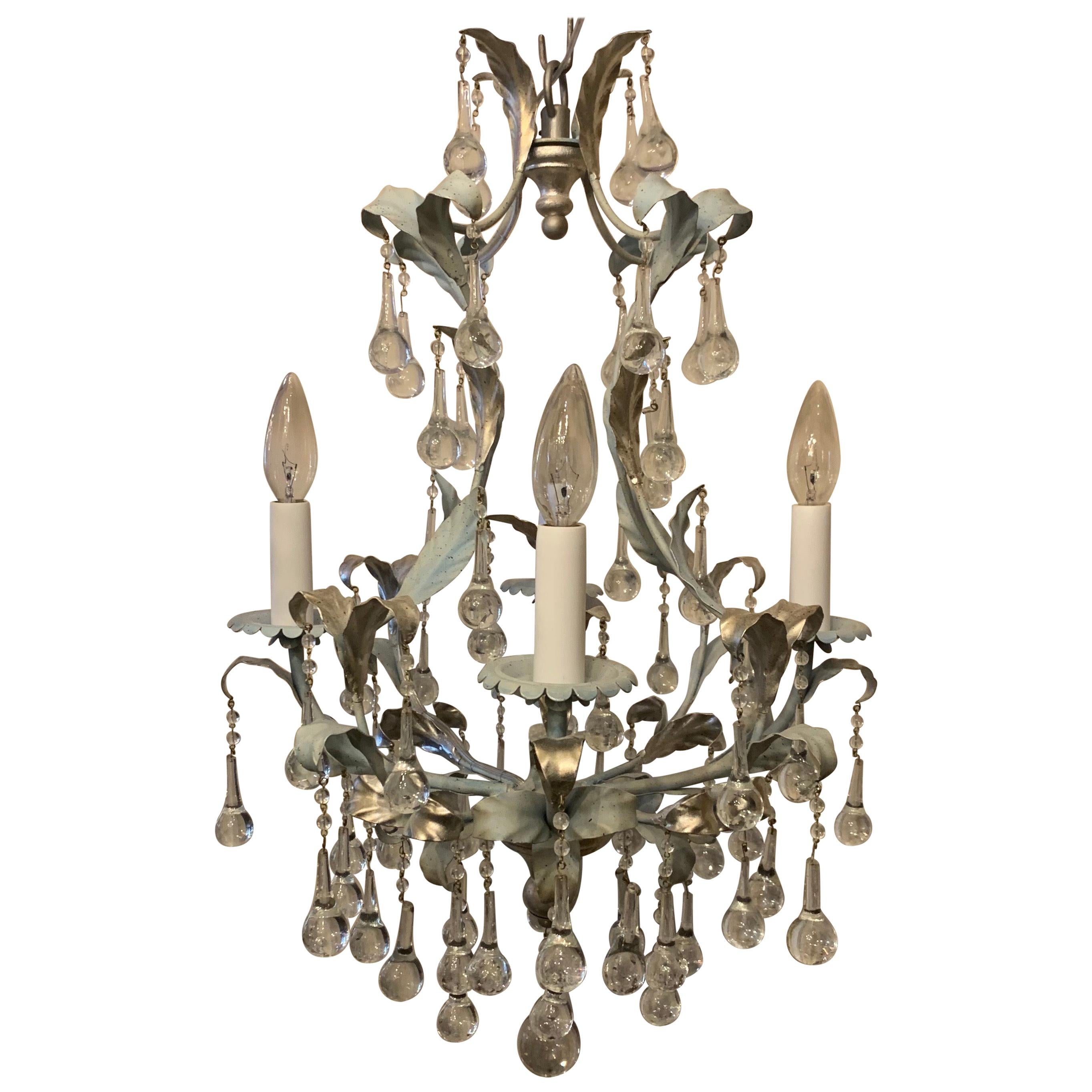 Wonderful Tole Hand Painted Blue Silver Leaf Crystal Petite Chandelier Fixture For Sale