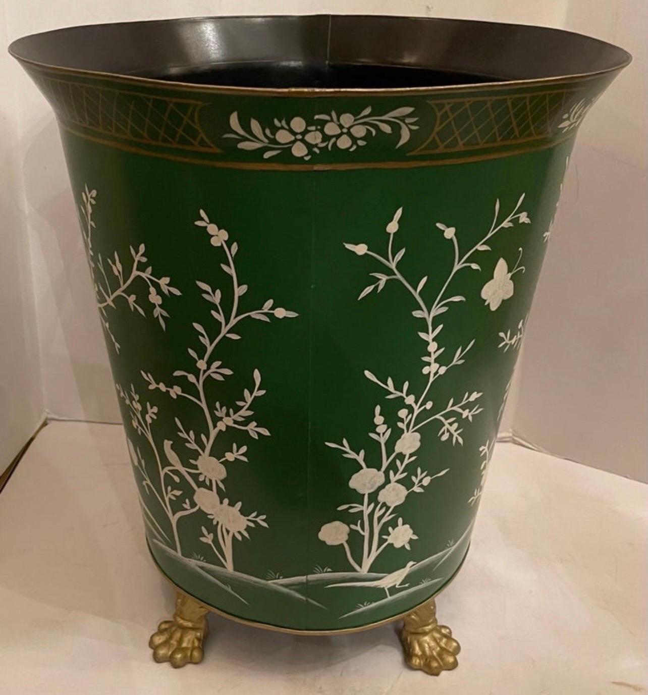 A Wonderful Tole Hand Painted Chinoiserie Moss Green And White Large Planter Raised On Gold Gilt Paw Feet.