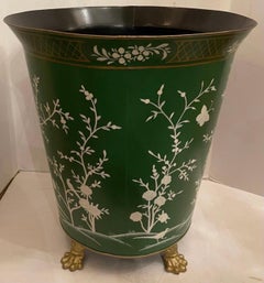 Wonderful Tole Hand Painted Chinoiserie Green Large Planter Raised On Paw Feet