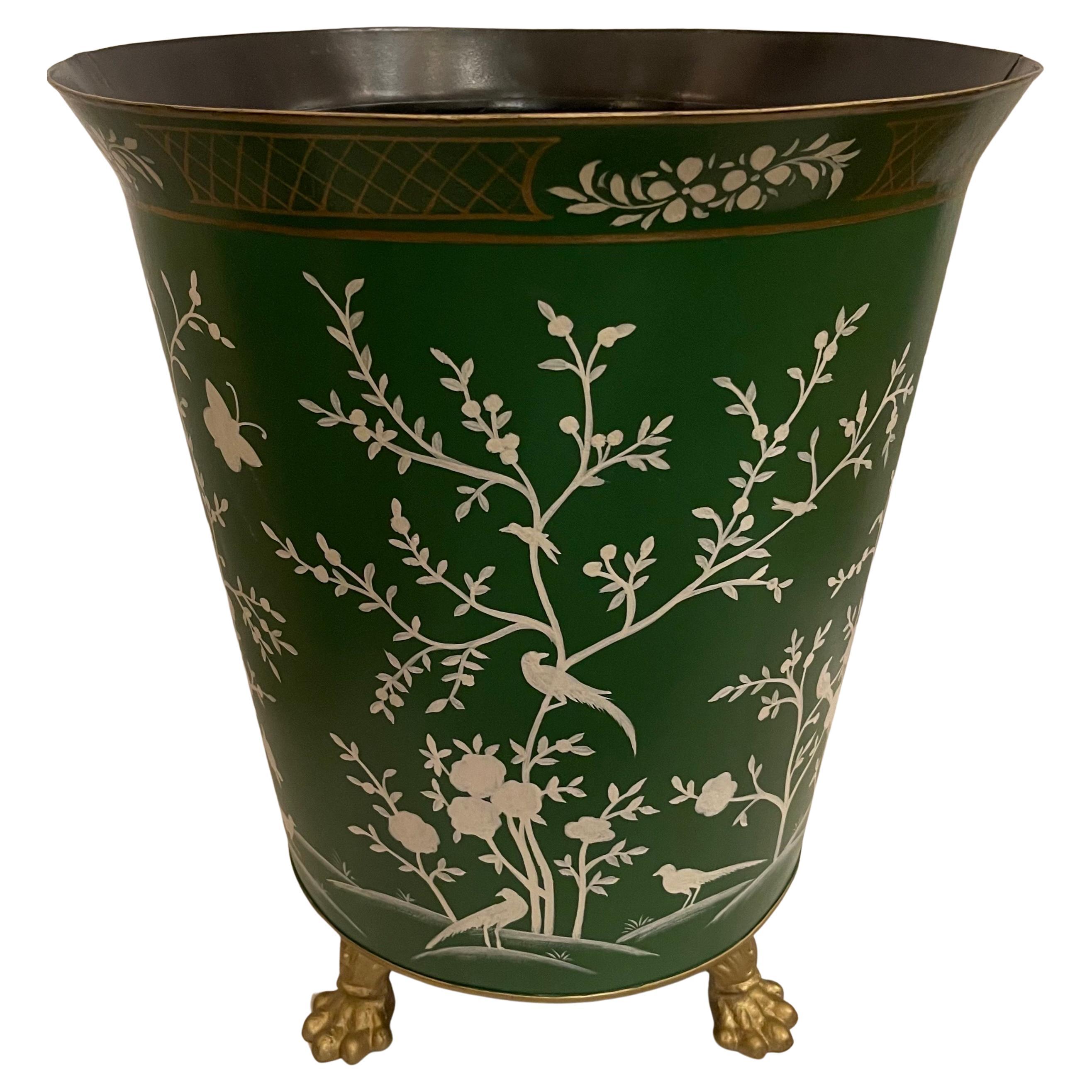 A Wonderful Tole Hand Painted Chinoiserie Moss Green And White Large Planter Raised On Gold Gilt Paw Feet.
