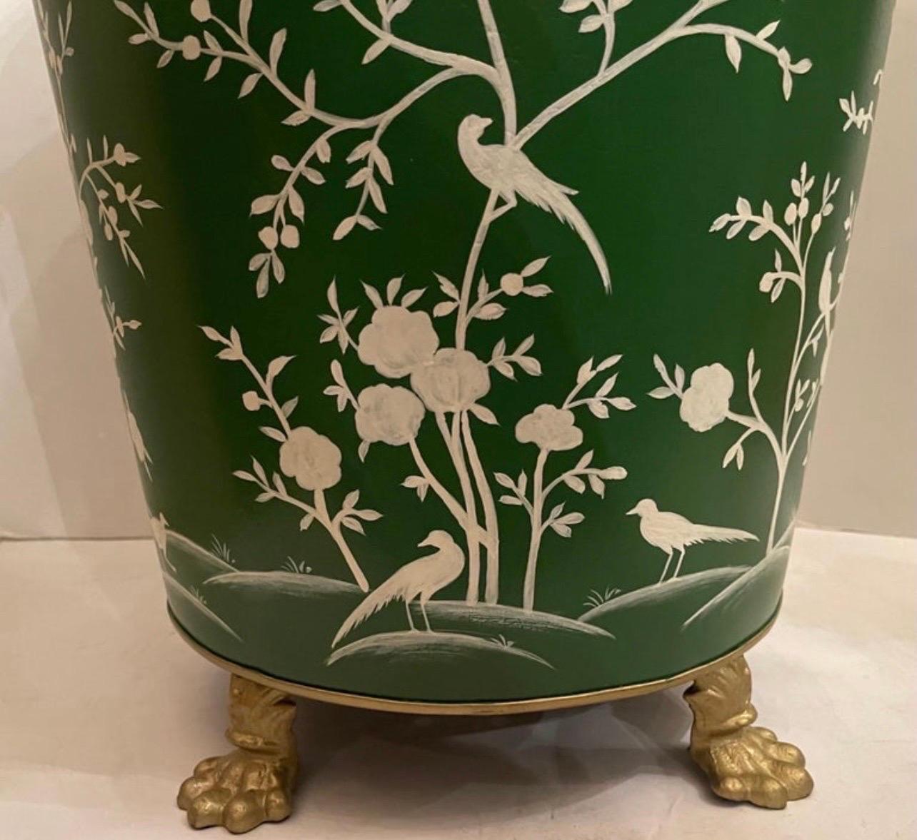 Italian Wonderful Tole Hand Painted Chinoiserie Green Large Planter Raised On Paw Feet For Sale