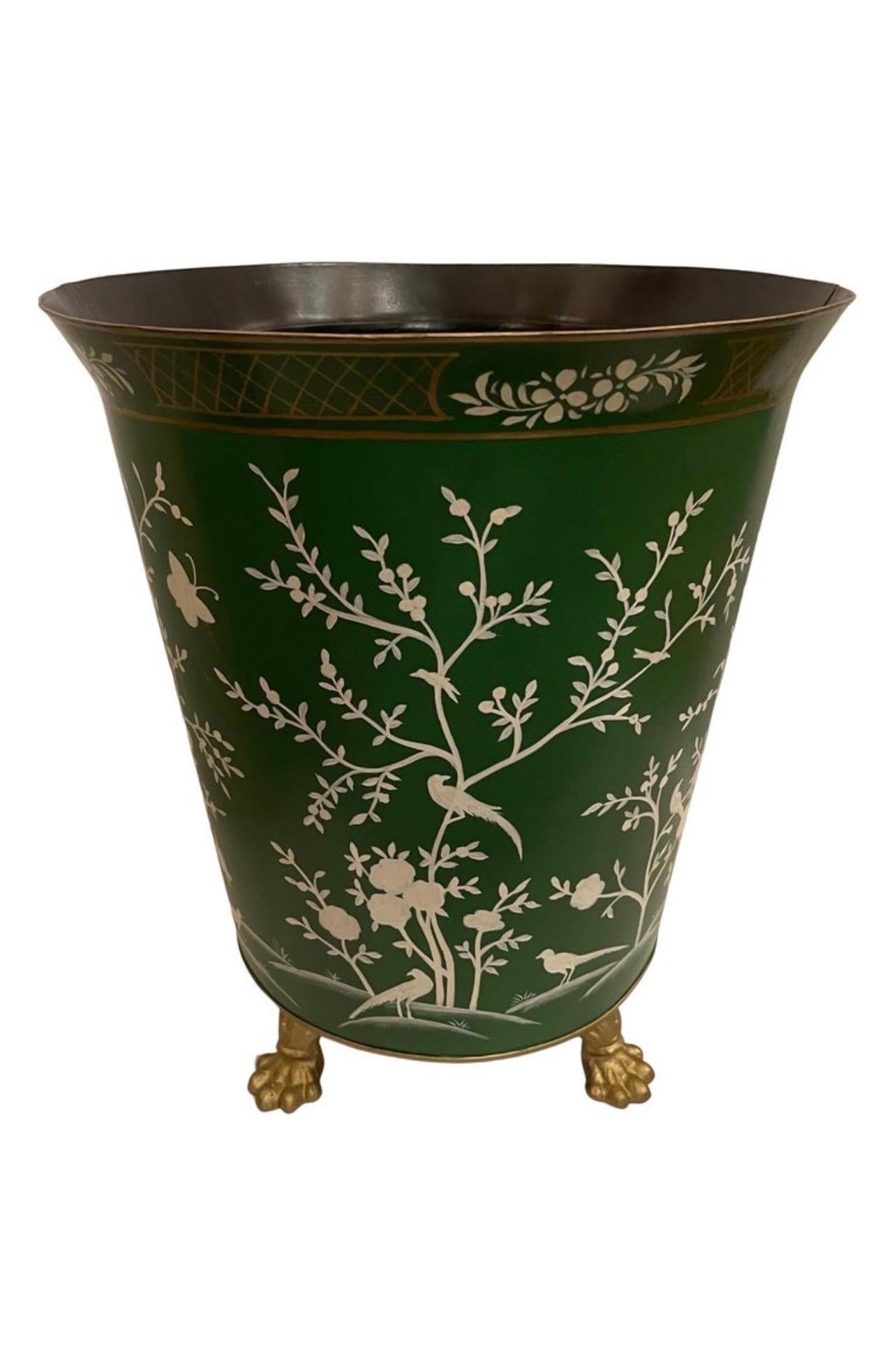 Hand-Painted Wonderful Tole Hand Painted Chinoiserie Green Large Planter Raised On Paw Feet For Sale