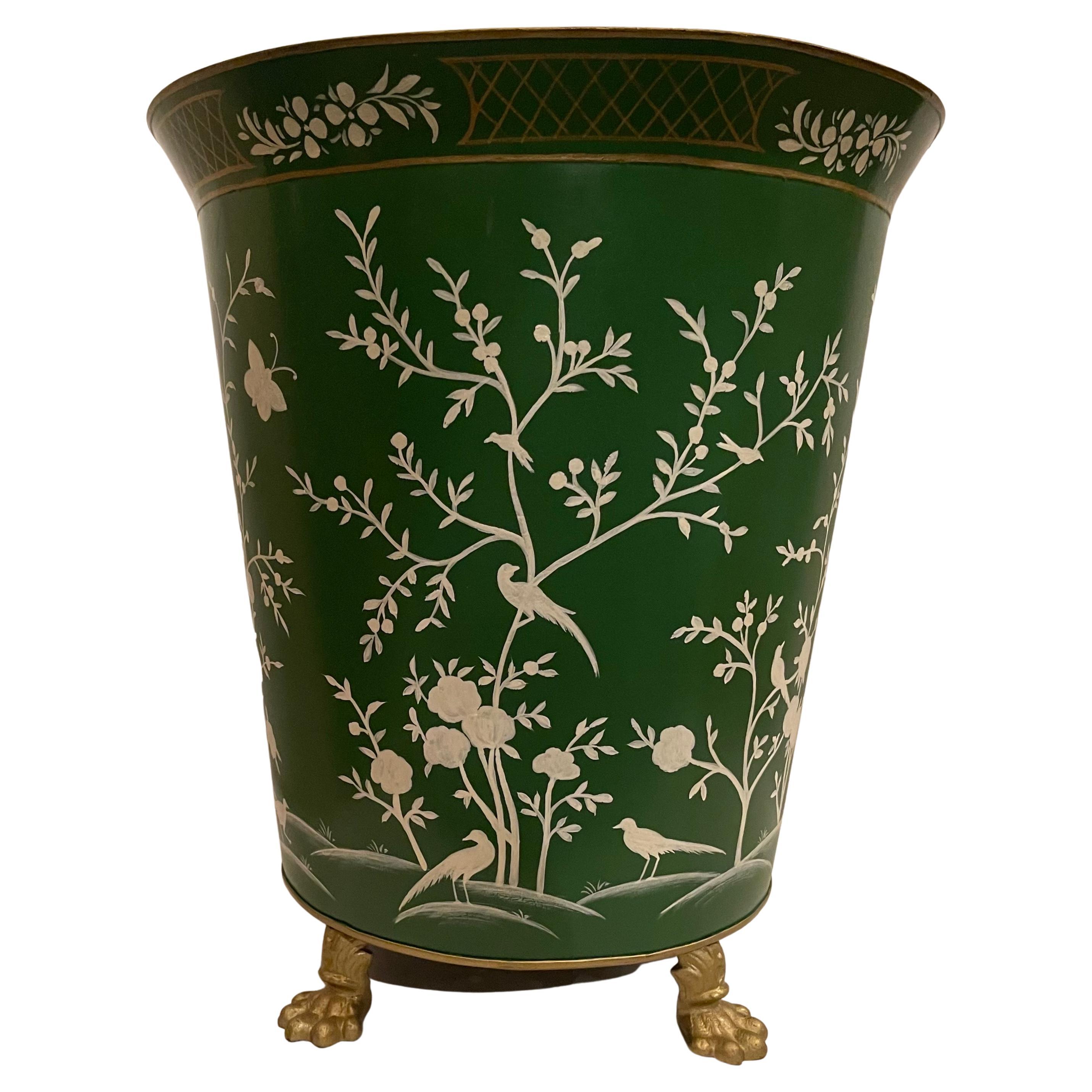 Wonderful Tole Hand Painted Chinoiserie Green Large Planter Raised On Paw Feet For Sale