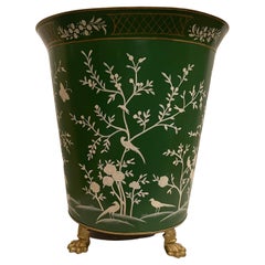 Wonderful Tole Hand Painted Chinoiserie Green Large Planter Raised On Paw Feet