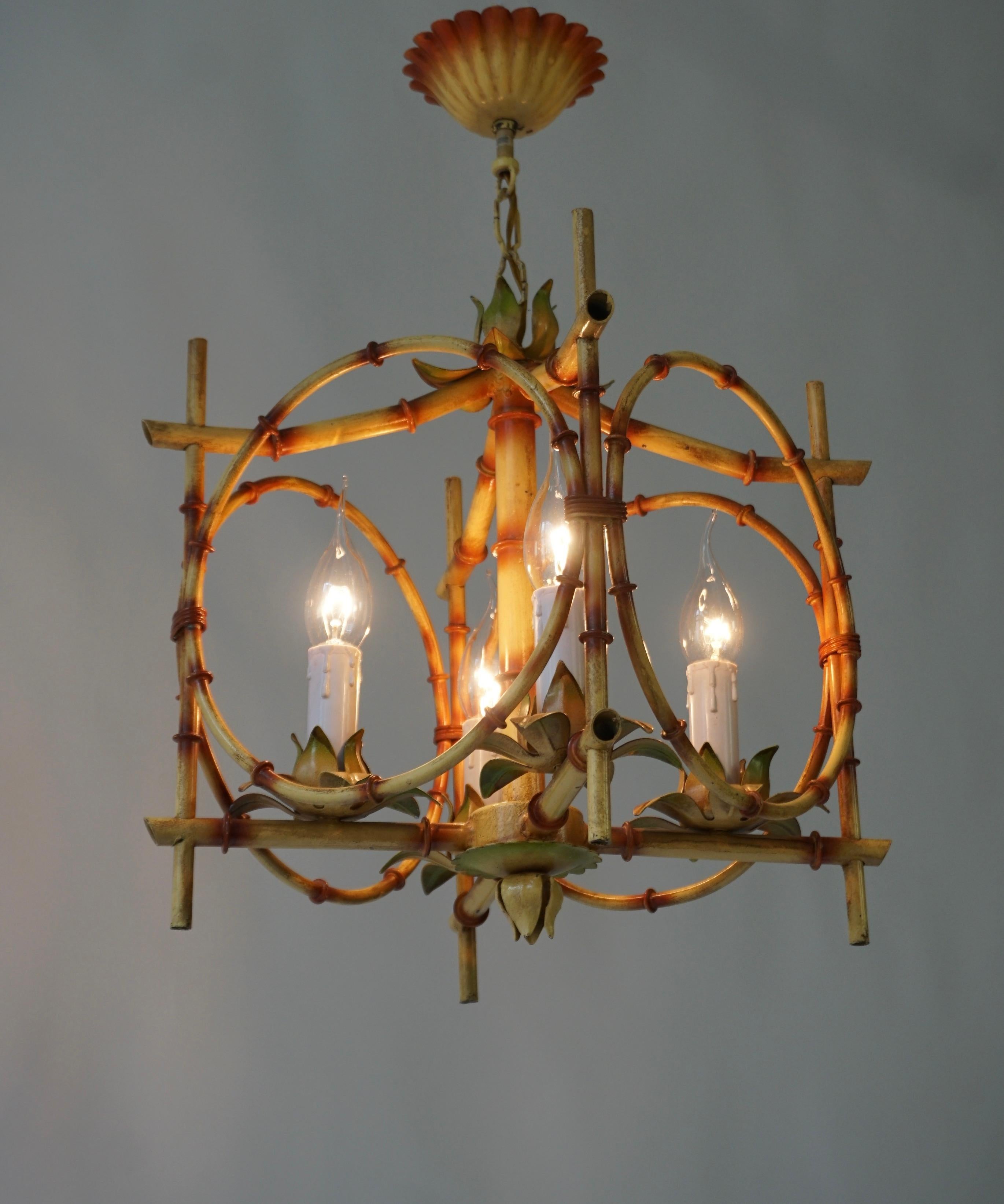 Wonderful Tole Pagoda Bamboo Chinoiserie Chandelier Light Fixture 2