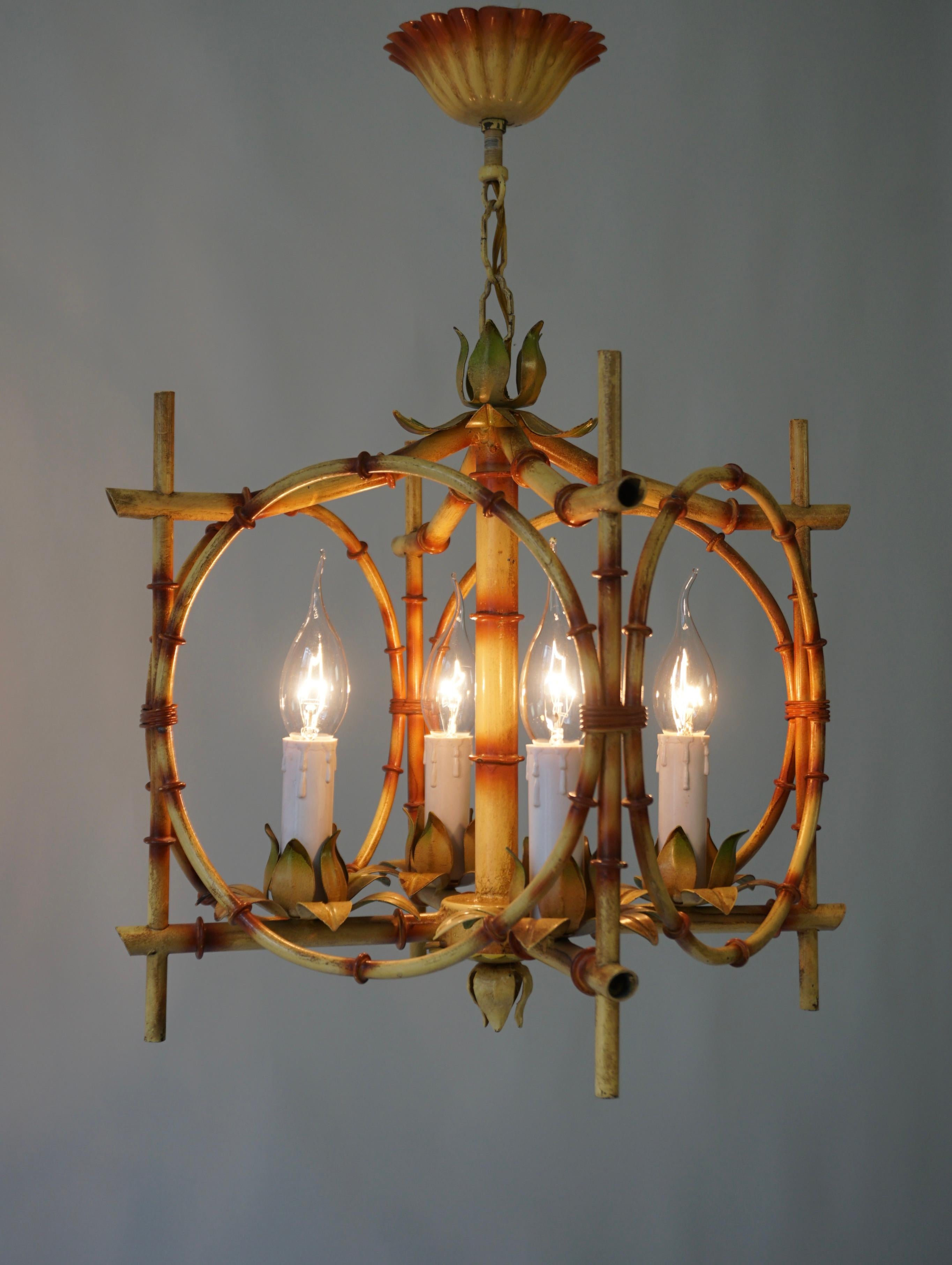 Bohemian Wonderful Tole Pagoda Bamboo Chinoiserie Chandelier Light Fixture