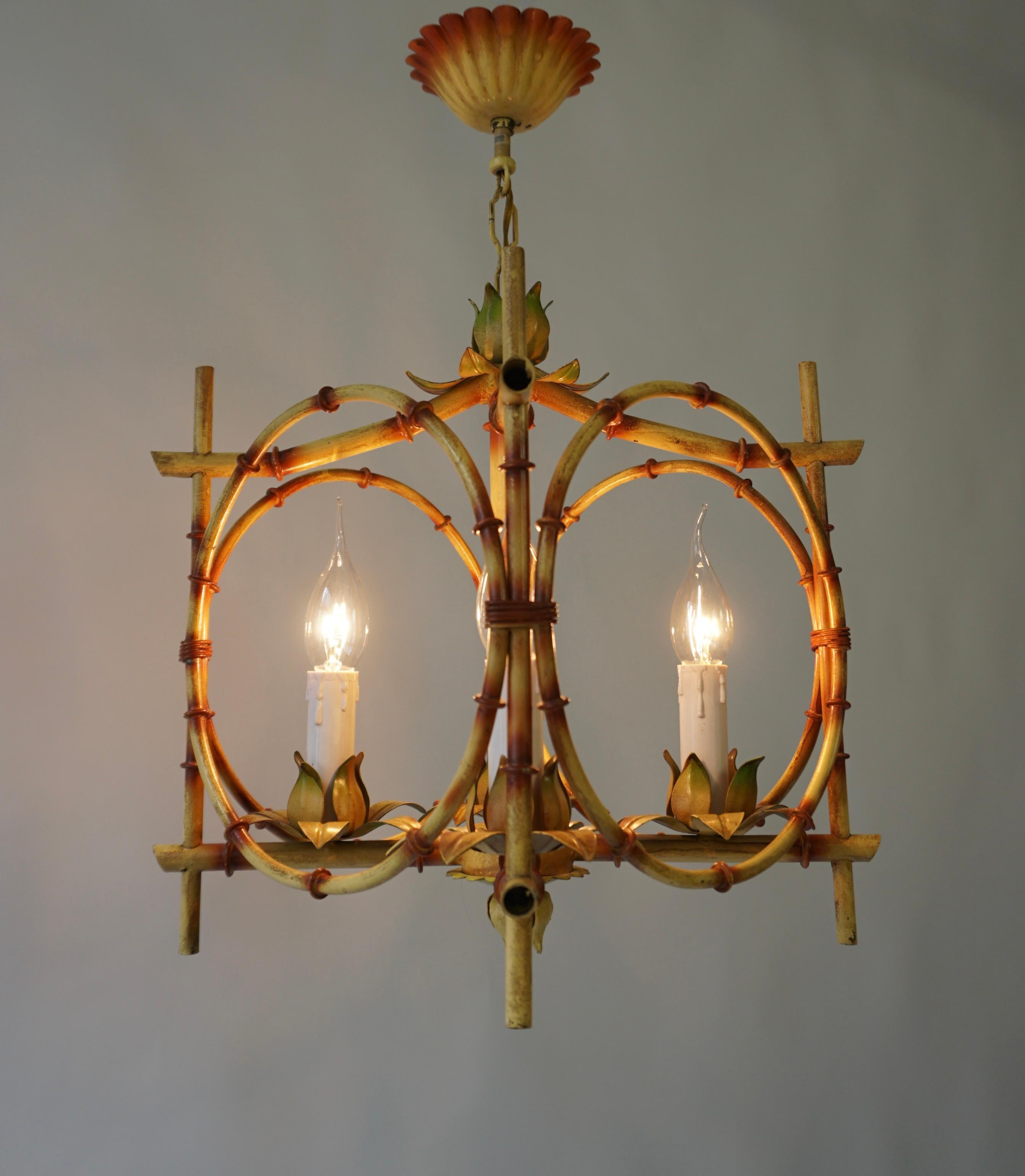 Painted Wonderful Tole Pagoda Bamboo Chinoiserie Chandelier Light Fixture