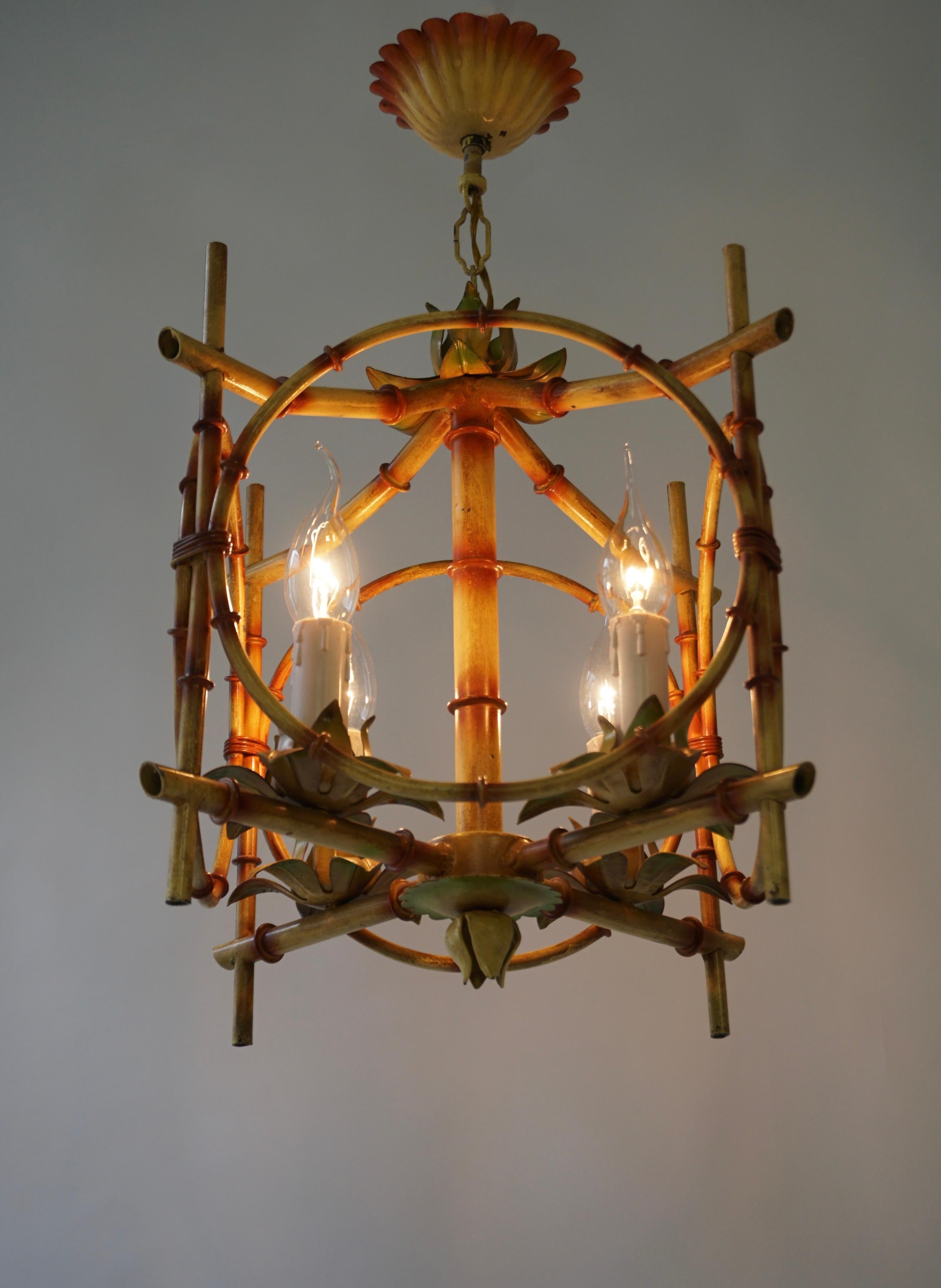 20th Century Wonderful Tole Pagoda Bamboo Chinoiserie Chandelier Light Fixture