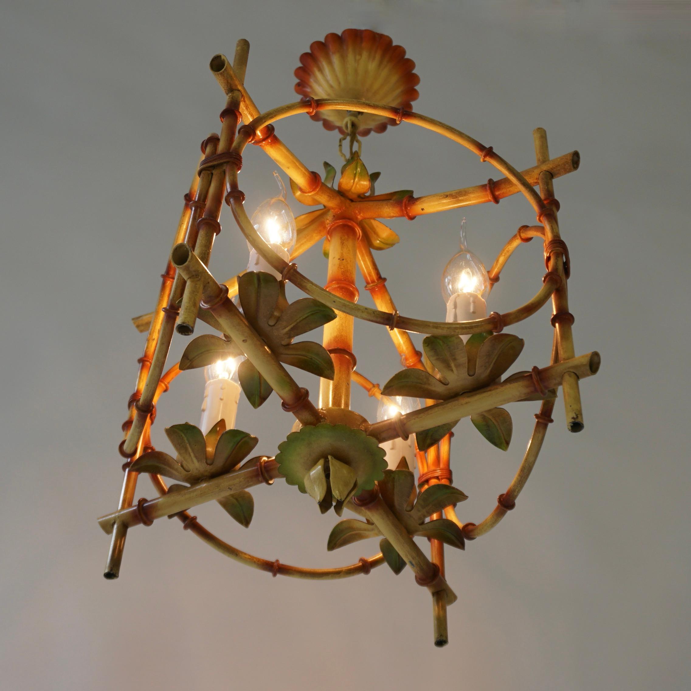 Metal Wonderful Tole Pagoda Bamboo Chinoiserie Chandelier Light Fixture