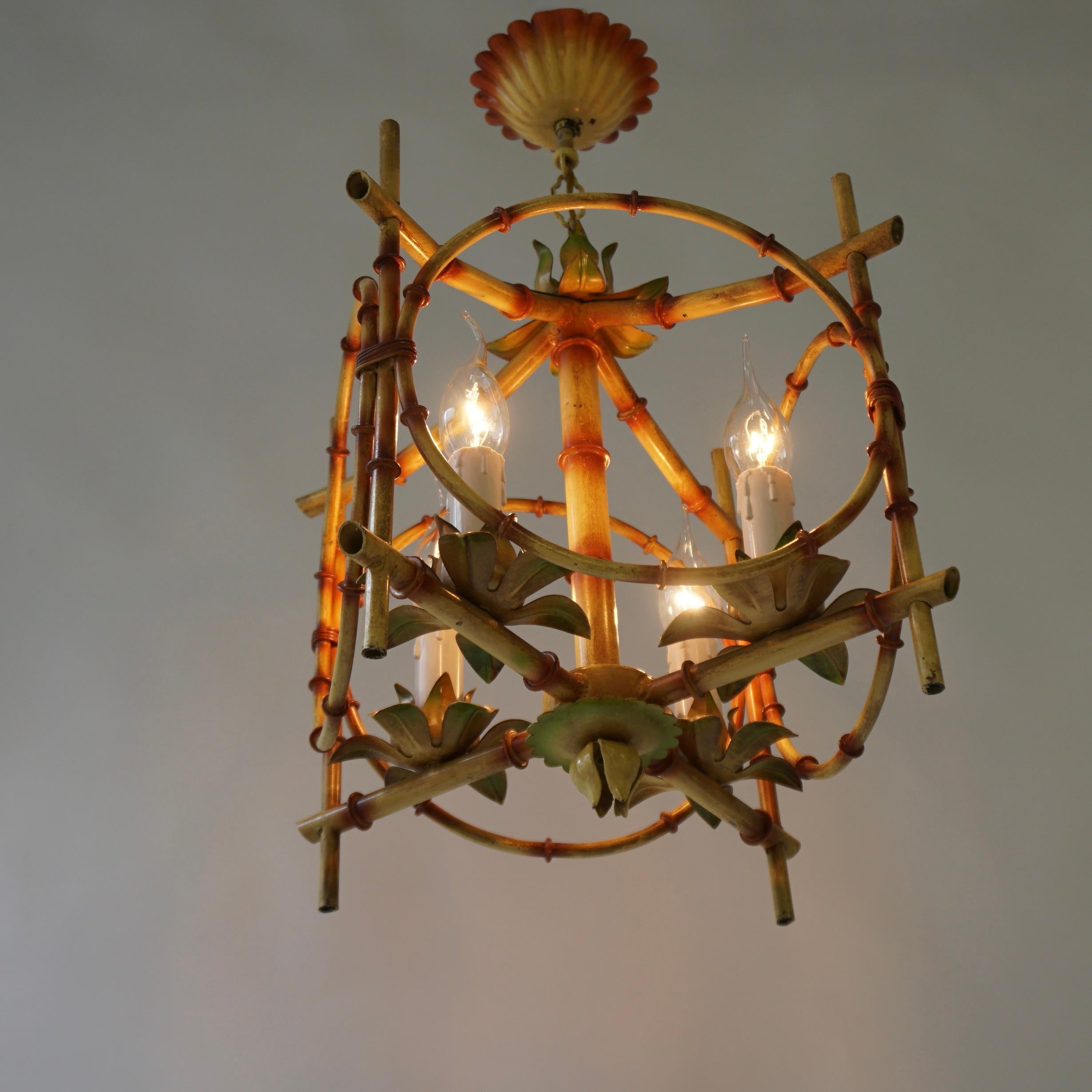 Wonderful Tole Pagoda Bamboo Chinoiserie Chandelier Light Fixture 1