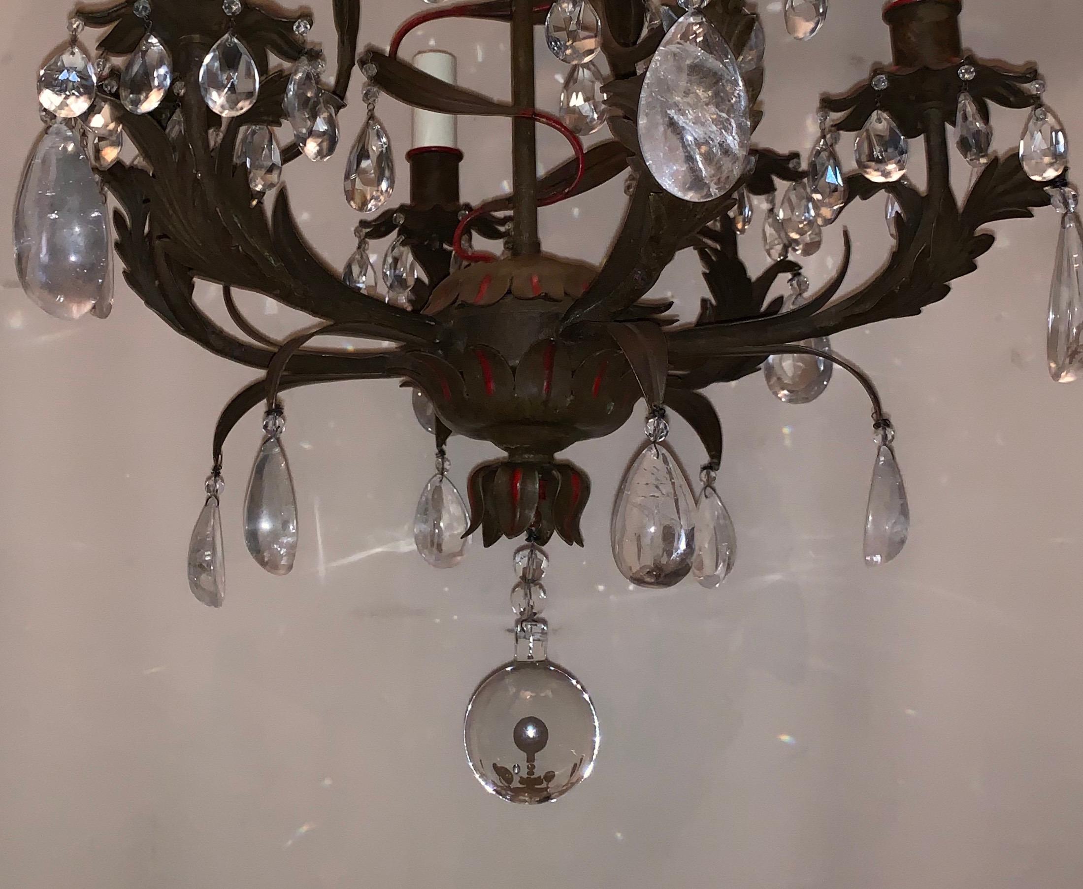 Belle Époque Wonderful Tole Rock Crystal Baguès Red Trim 6-Light Petite Chandelier Fixture For Sale