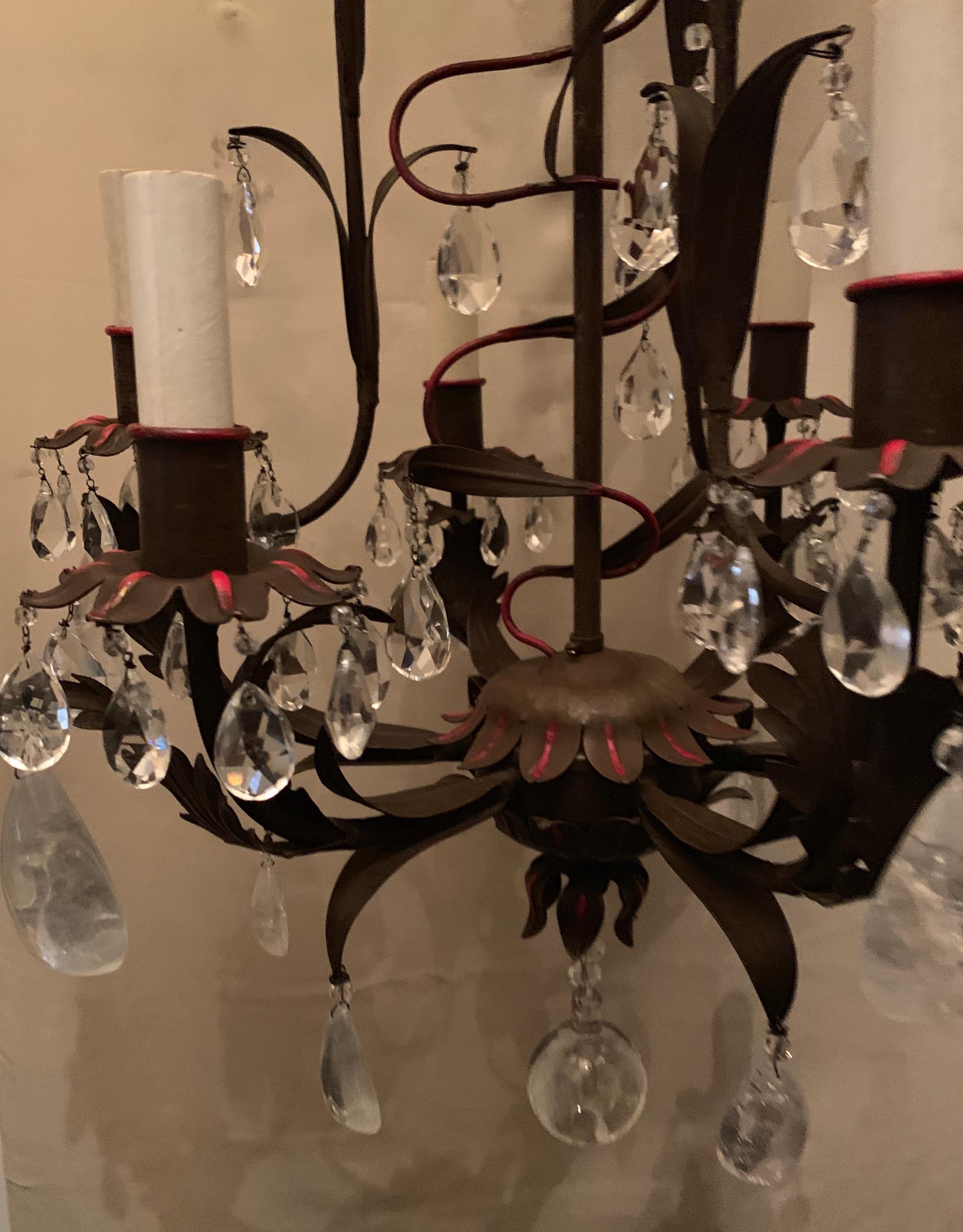 Italian Wonderful Tole Rock Crystal Baguès Red Trim 6-Light Petite Chandelier Fixture For Sale