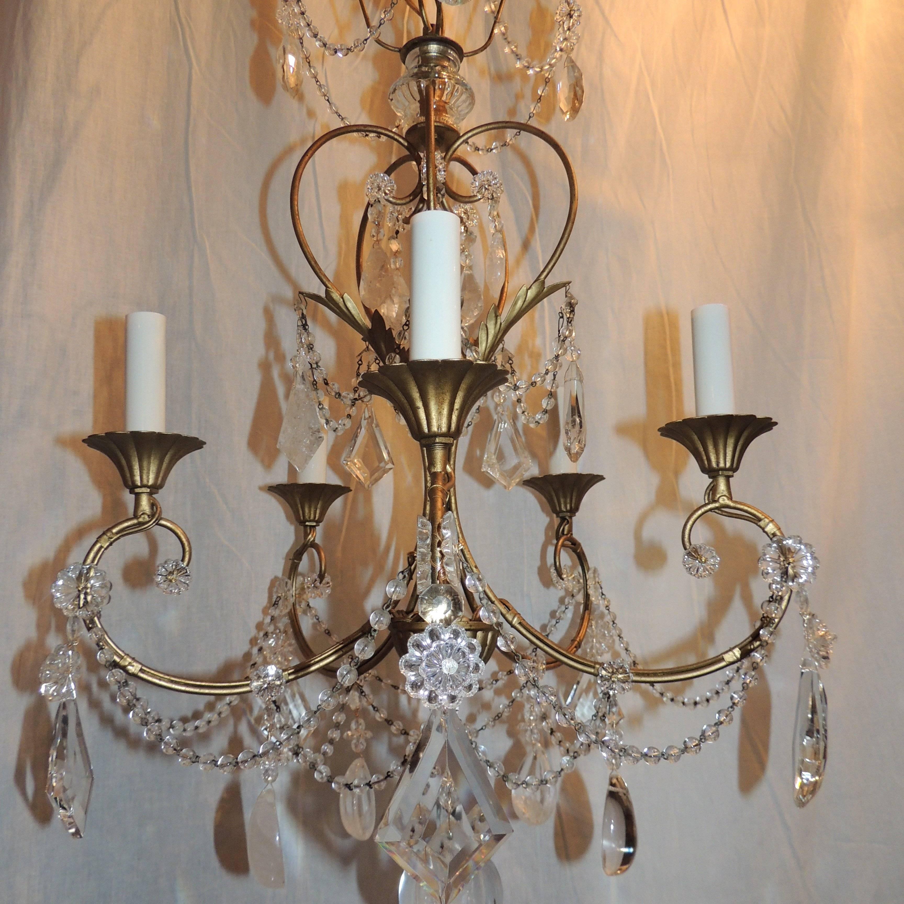 Wonderful Transitional Gilt Rock Crystal 5-Arm Baguès Chandelier Jansen Fixture In Good Condition For Sale In Roslyn, NY