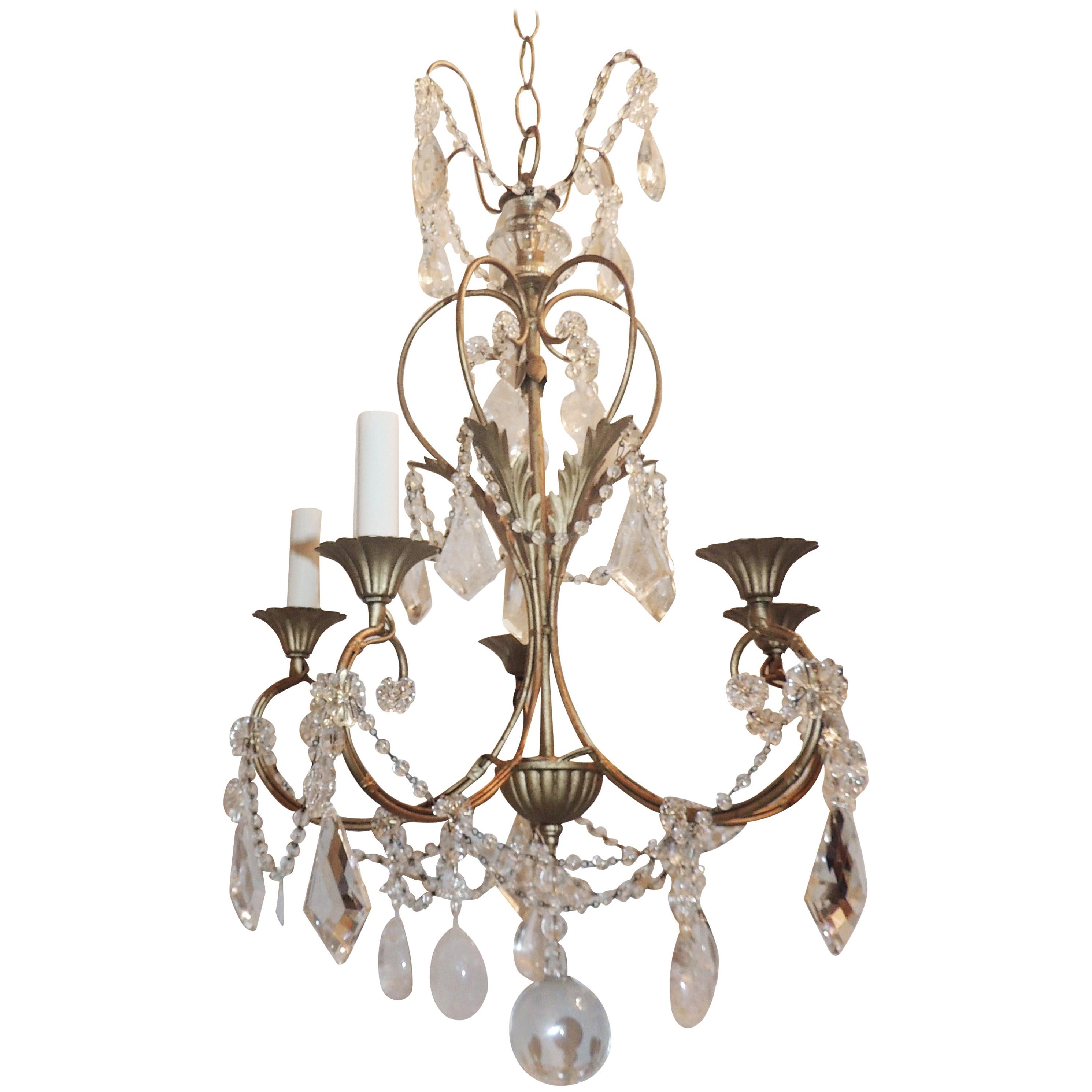 Wonderful Transitional Gilt Rock Crystal 5-Arm Baguès Chandelier For Sale