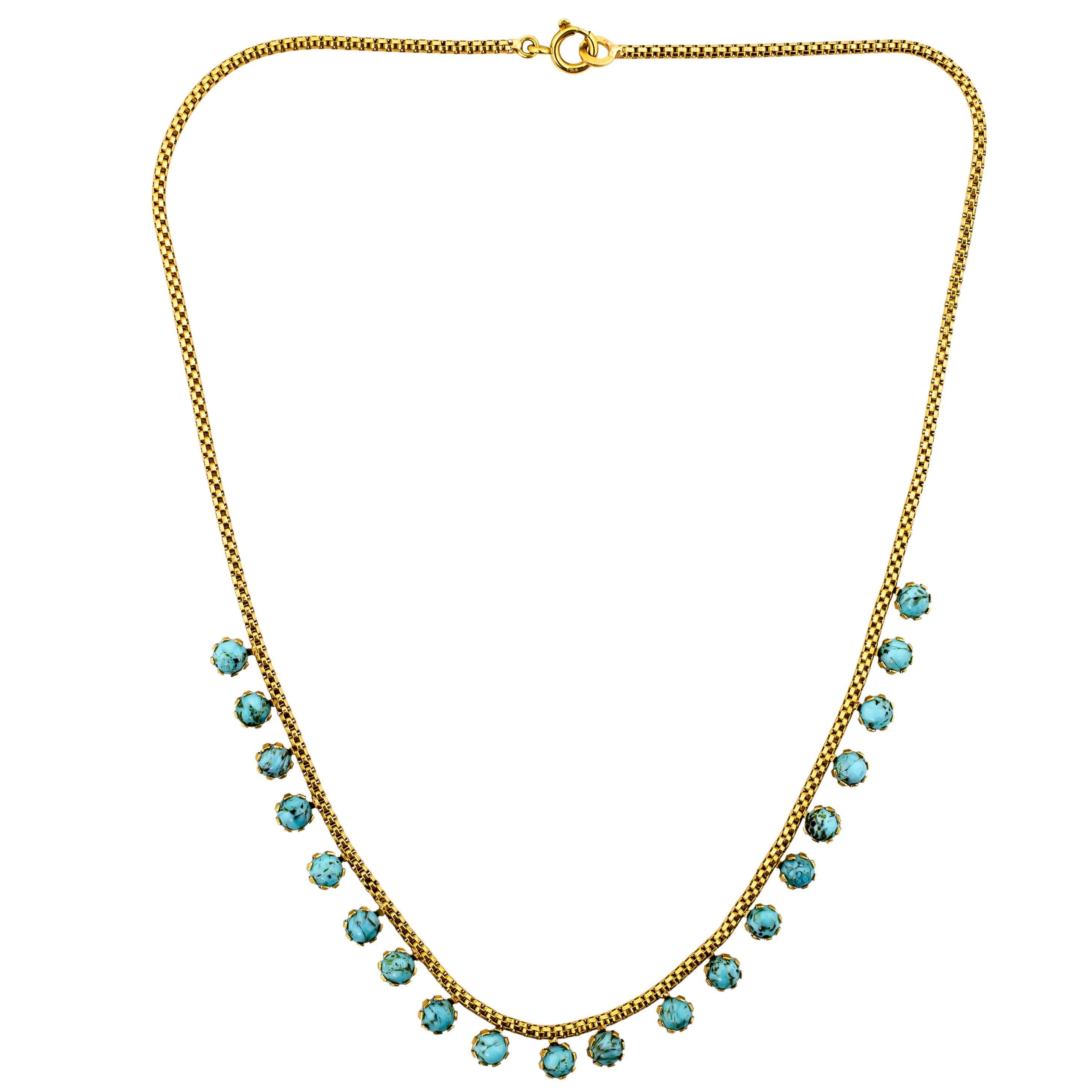 Wonderful Turn of the Century Antique Turquoise and 18 Karat Gold Necklace In Excellent Condition In Lombard, IL