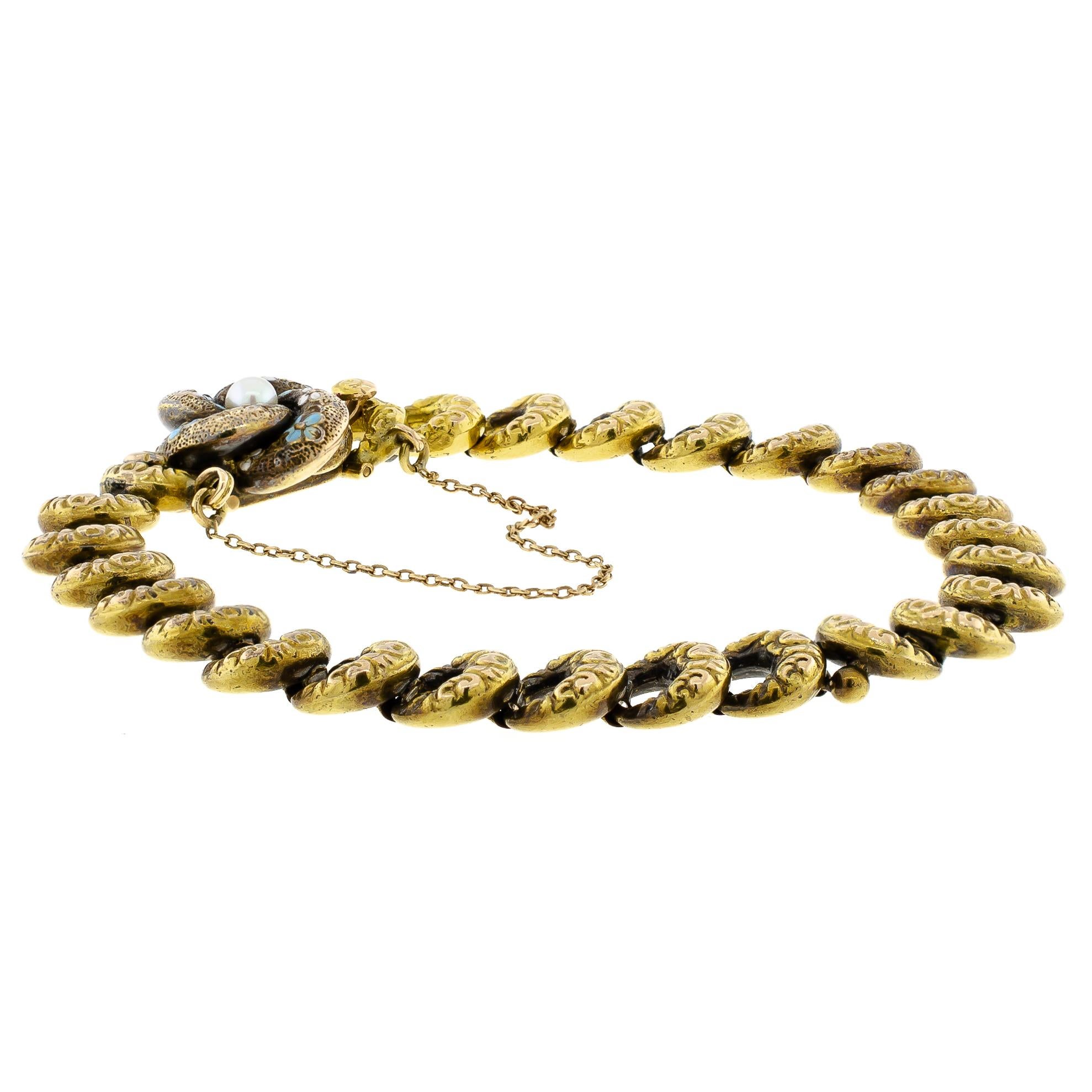 Wonderful Turn-of-the-Century Krementz Love Knot Blue Enamel Pearl YG Bracelet In Good Condition In Lombard, IL