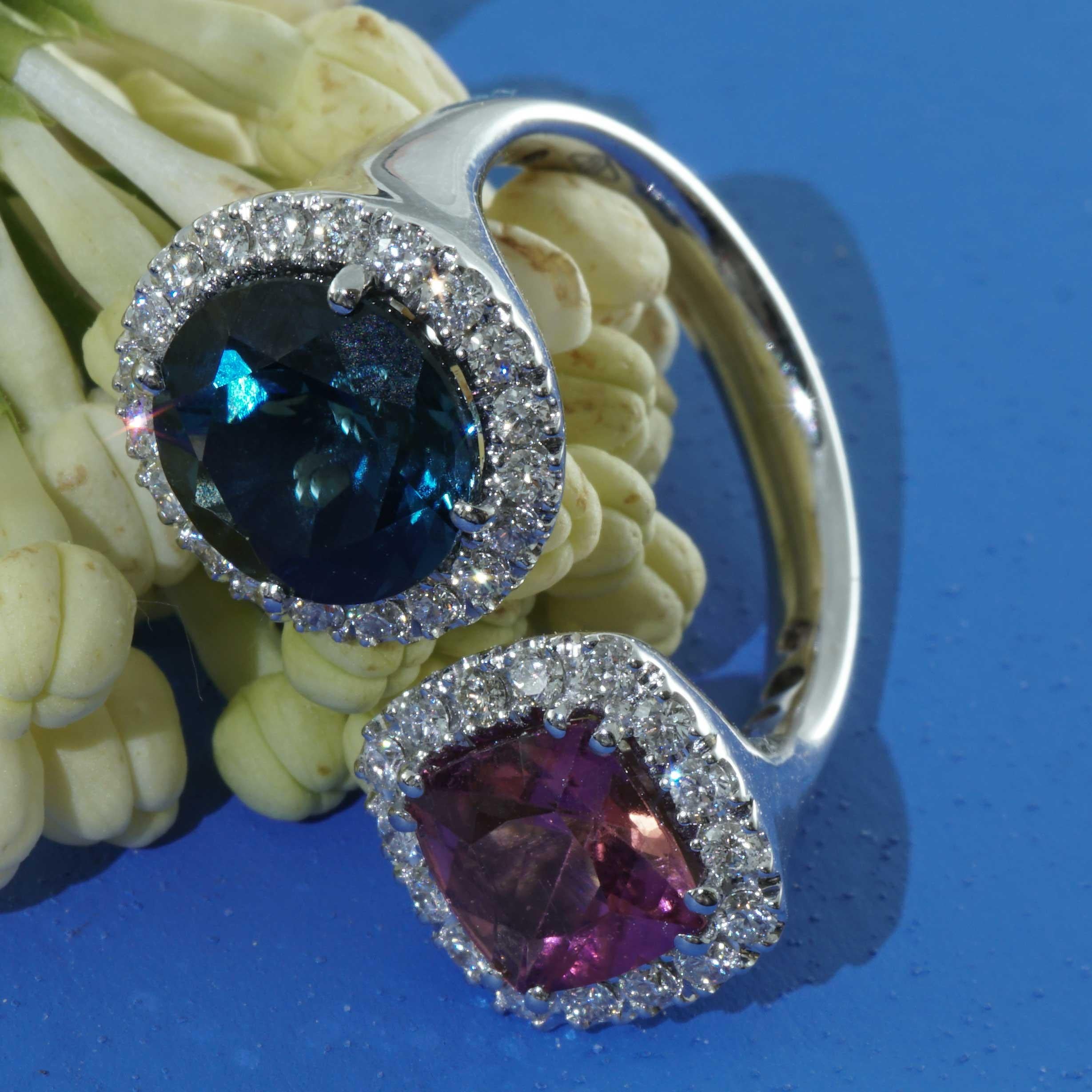 Meraviglioso Anello Gemello Tormalina Blu Topazio Brilliante tradizionale made in Italy in vendita 7