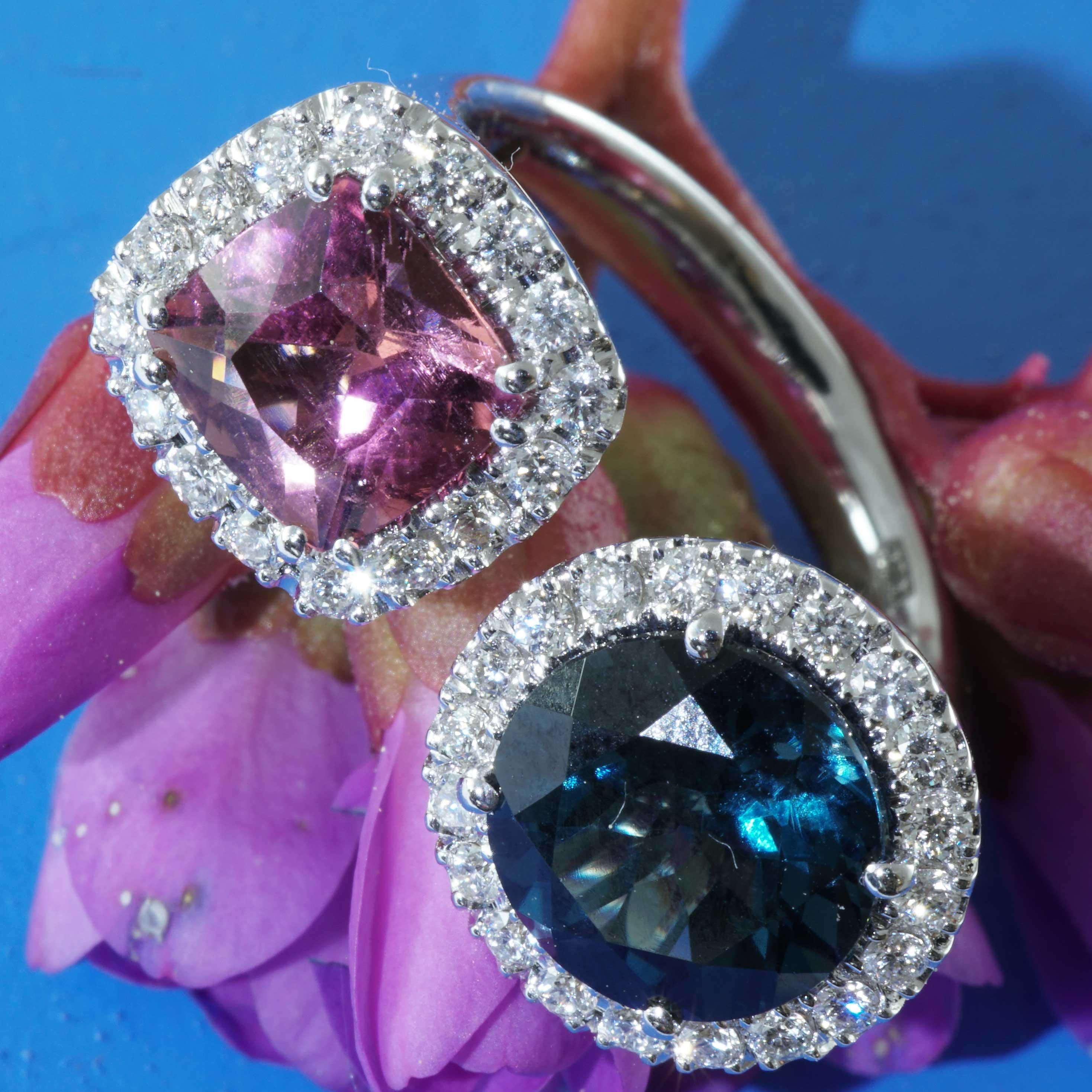 Taglio brillante Meraviglioso Anello Gemello Tormalina Blu Topazio Brilliante tradizionale made in Italy in vendita