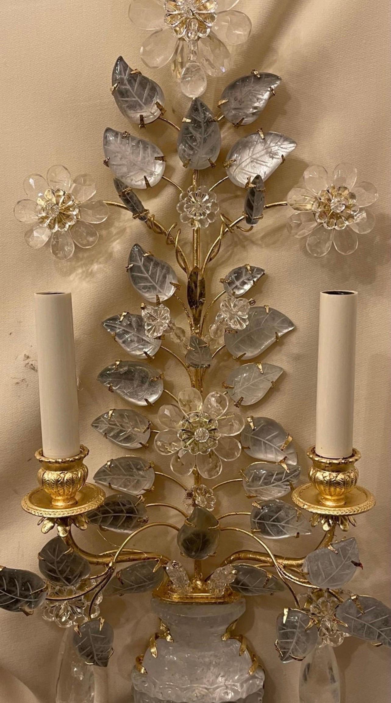 Wonderful Two Pairs Italian Rock Crystal Baguès Urn Flower Gilt Nestle Sconces In Good Condition In Roslyn, NY
