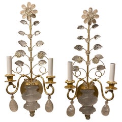 Wonderful Two Pairs Set Four Maison Bagues Rock Crystal Urn Flower Leaf Sconces