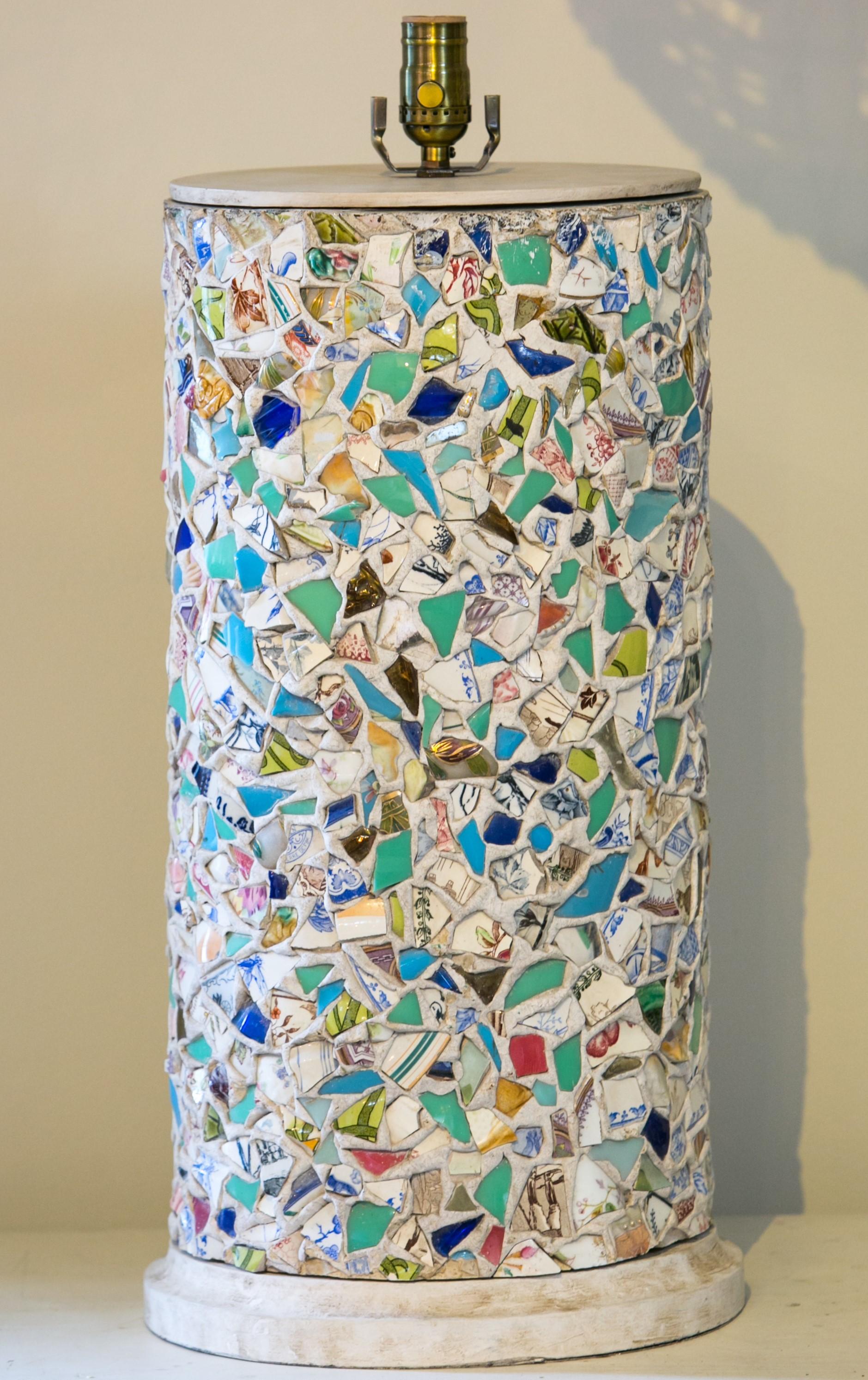 Wonderfully unique mosaic lamp - completely hand-made - from France. This table lamp is hand-crafted in a type of mosaic work known as trencadis in Spain and as pique assiette, or 'thief of plates,' in France.  This sort of European 'broken plate'