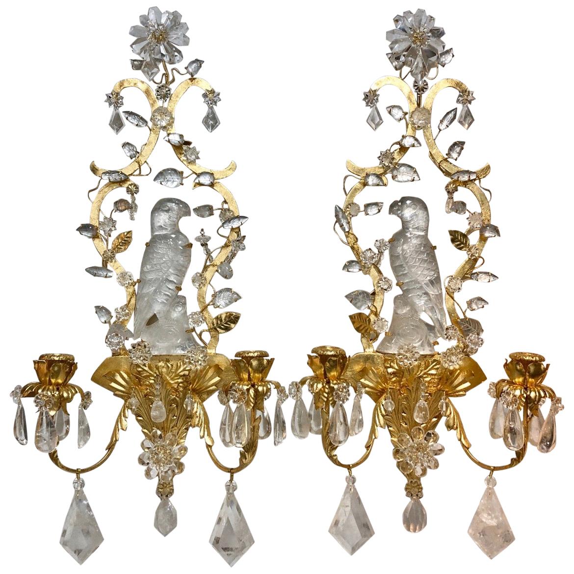Wonderful Unusual Large Pair Rock Crystal Baguès Style Gold Gilt Bird Sconces