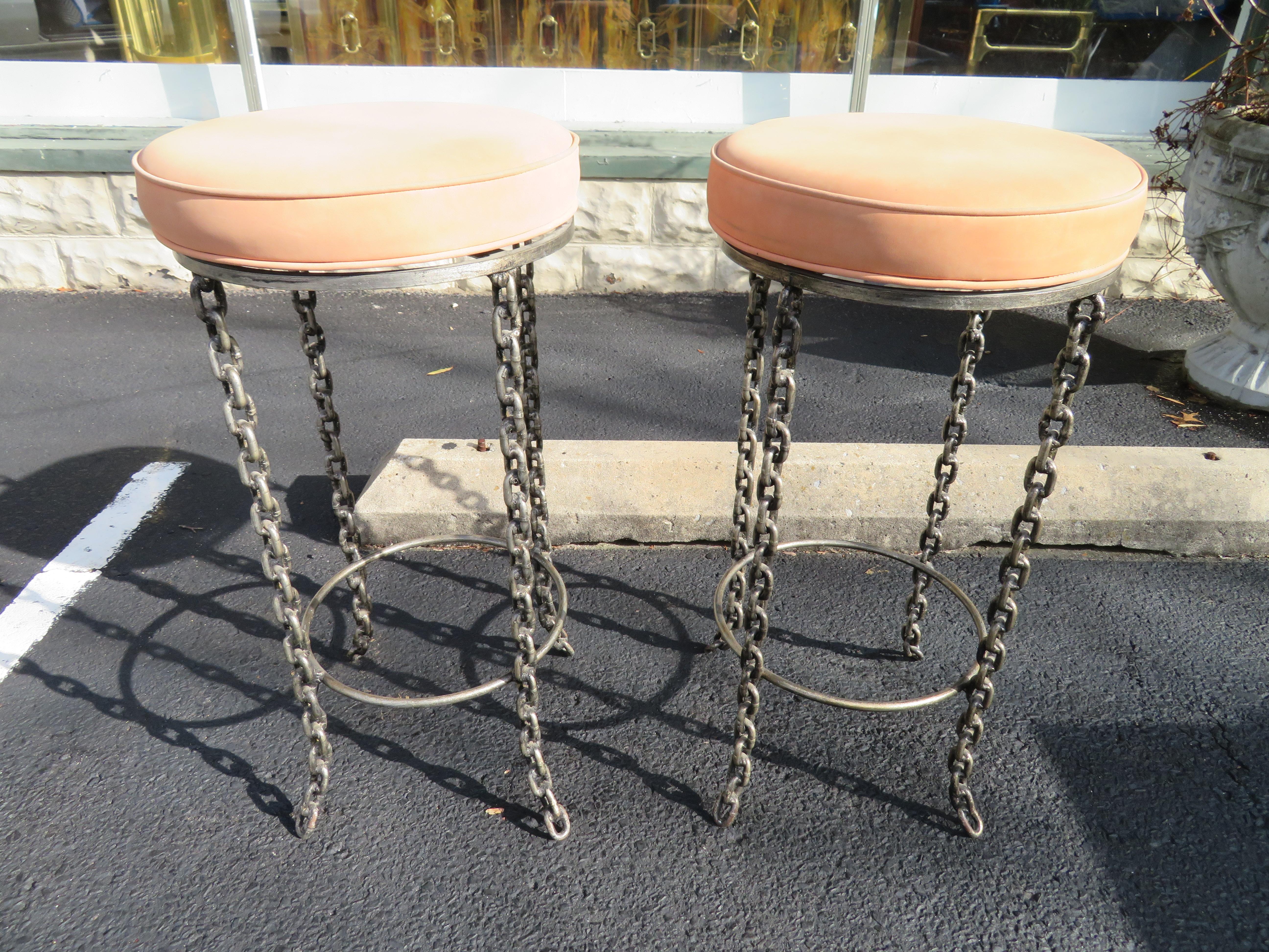 Wonderful Unusual Pair of Chain Link Bar Stools Swivel Top Mid-Century Modern For Sale 3