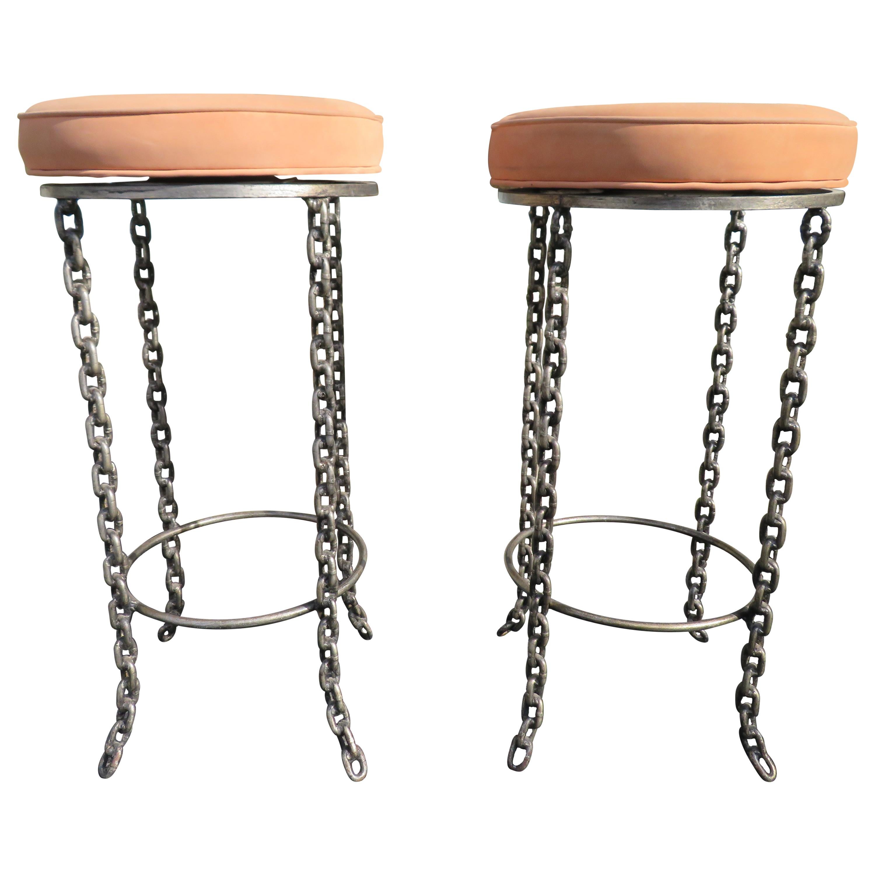 Wonderful Unusual Pair of Chain Link Bar Stools Swivel Top Mid-Century Modern For Sale