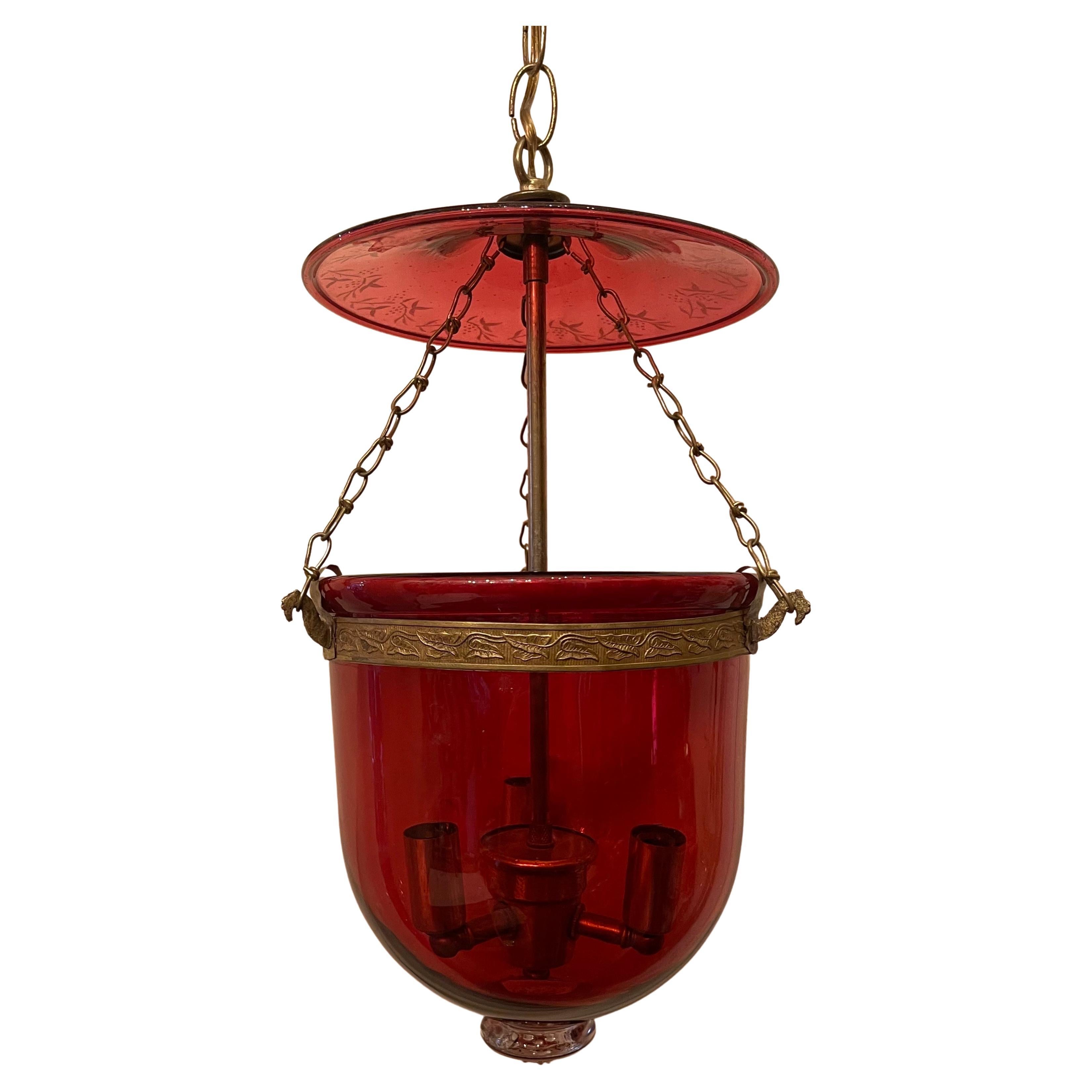 A Wonderful Val Saint Lambert Cranberry / Red With Etched Glass And Brass Hardware And Band Bell Jar Lantern Fixture Fitted With A 3 Candelabra Cluster, Rewired And Accompanied By Chain And Canopy.  