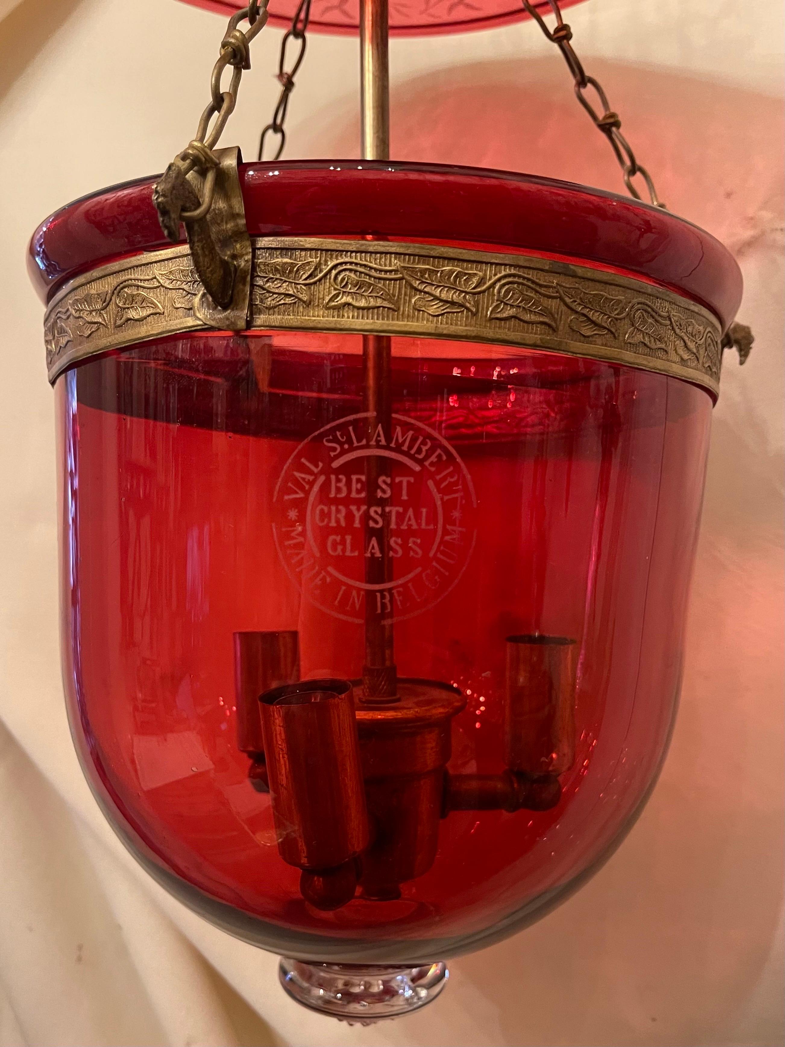Regency Wonderful Val Saint Lambert Cranberry Red Etched Glass Bell Jar Lantern Fixture 