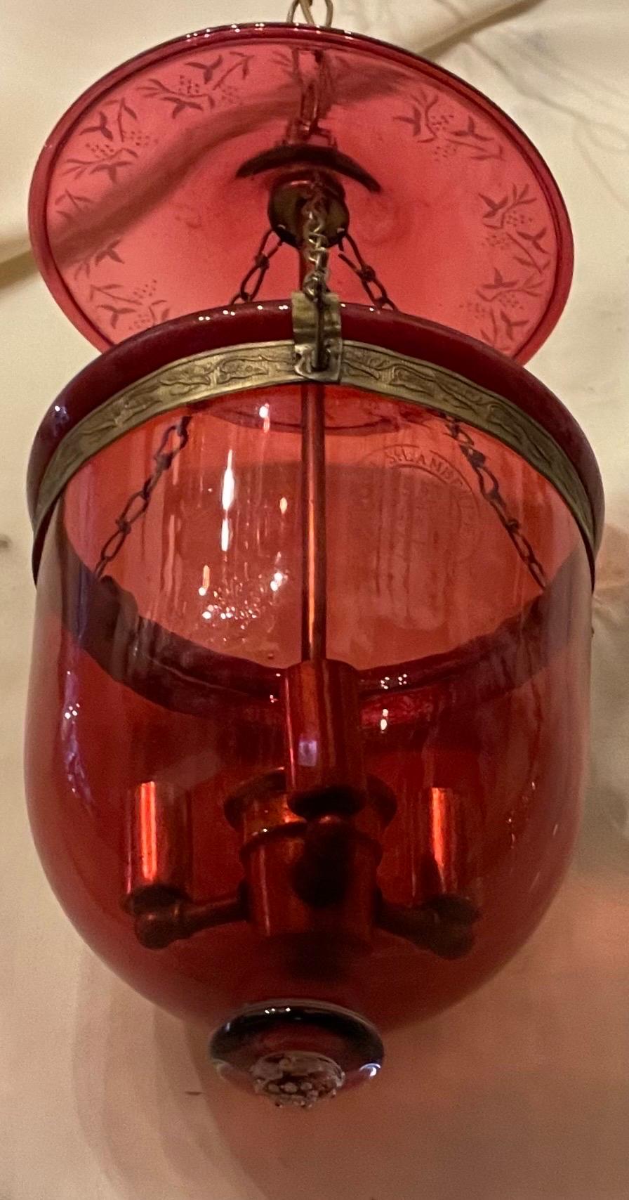 Hand-Crafted Wonderful Val Saint Lambert Cranberry Red Etched Glass Bell Jar Lantern Fixture 